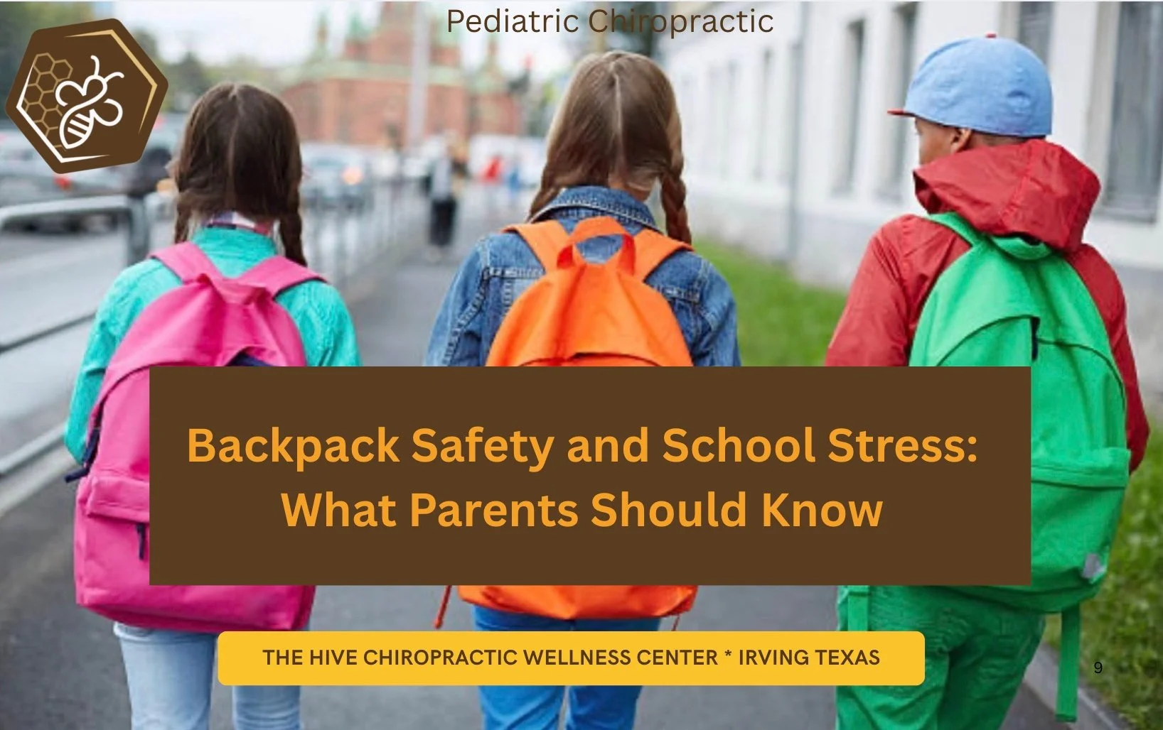School age children wearing backpack correctly while walking outdoors