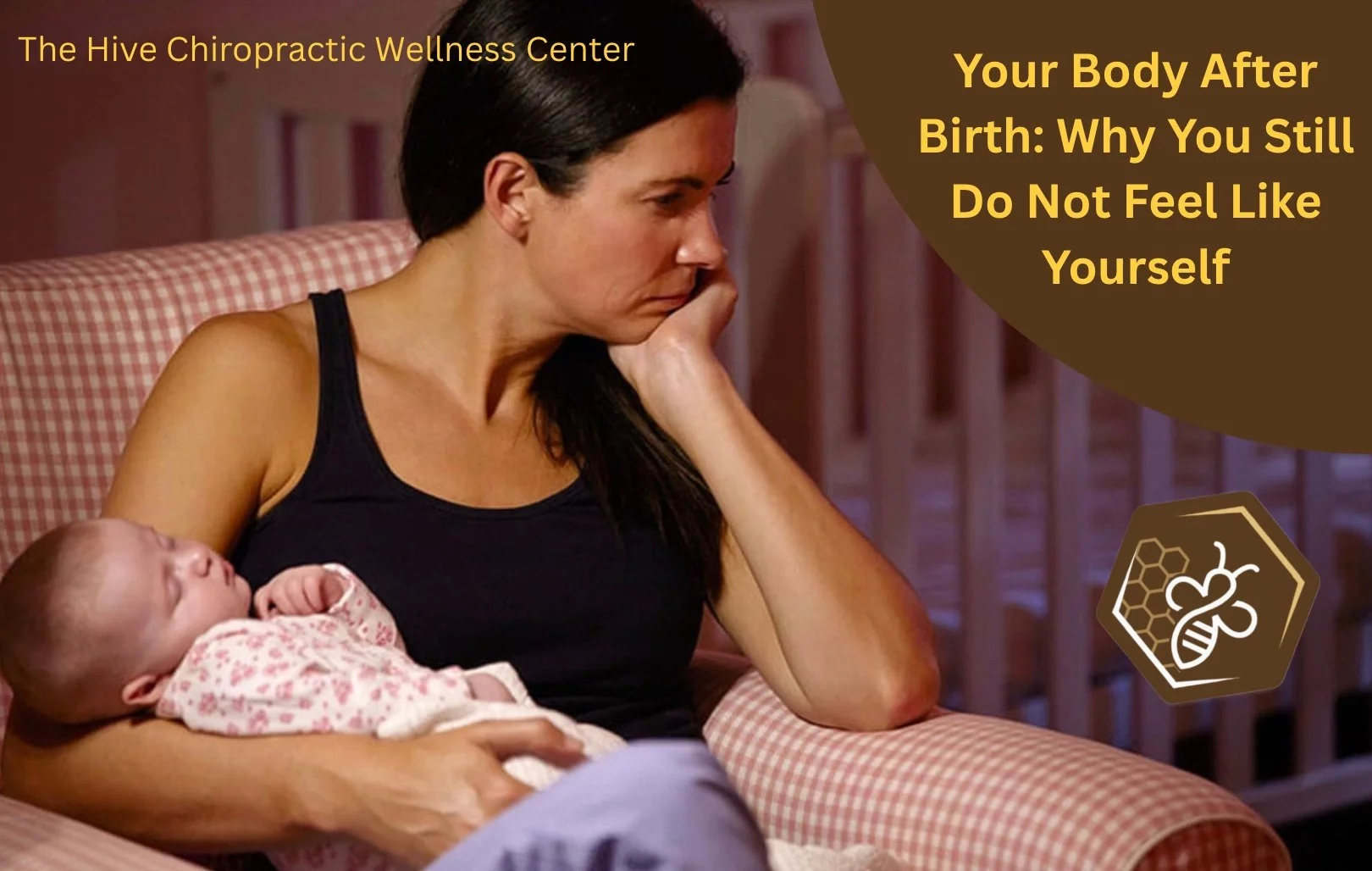 New mother sitting quitely with baby reflecting during postpartum healing