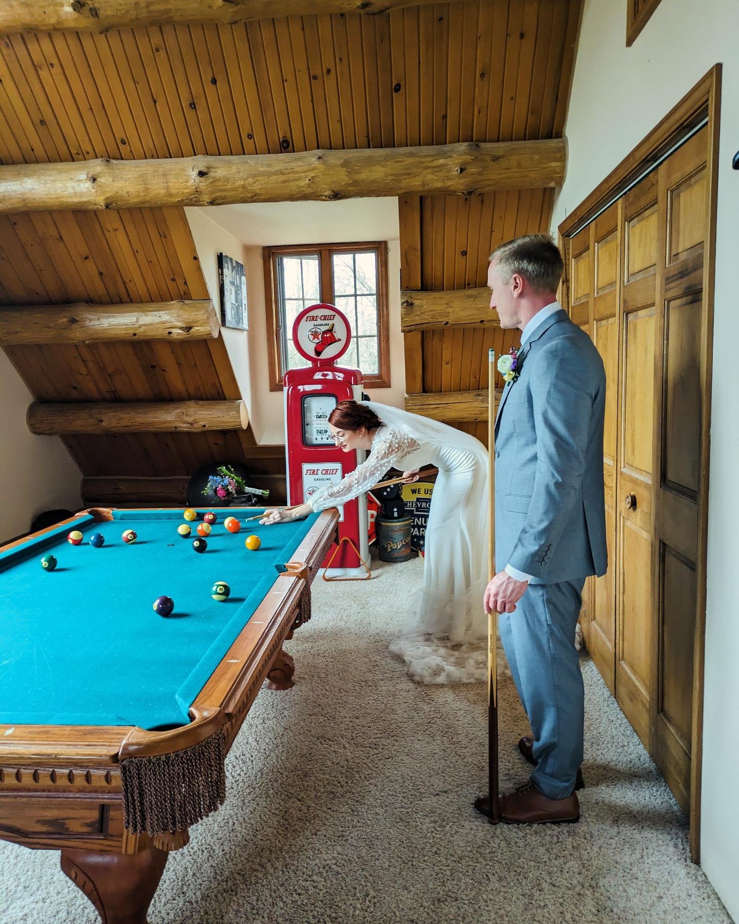 Just a quick game of pool before the &quot;I do's&quot;! 💞

Firm believers over here in &quot;those who play together, stay together&quot;. 😘

Congratulations Emily and Taylor!! 

#rsvpeventsgr #weddingday #weddingplanning #grandrapidsweddingplanne