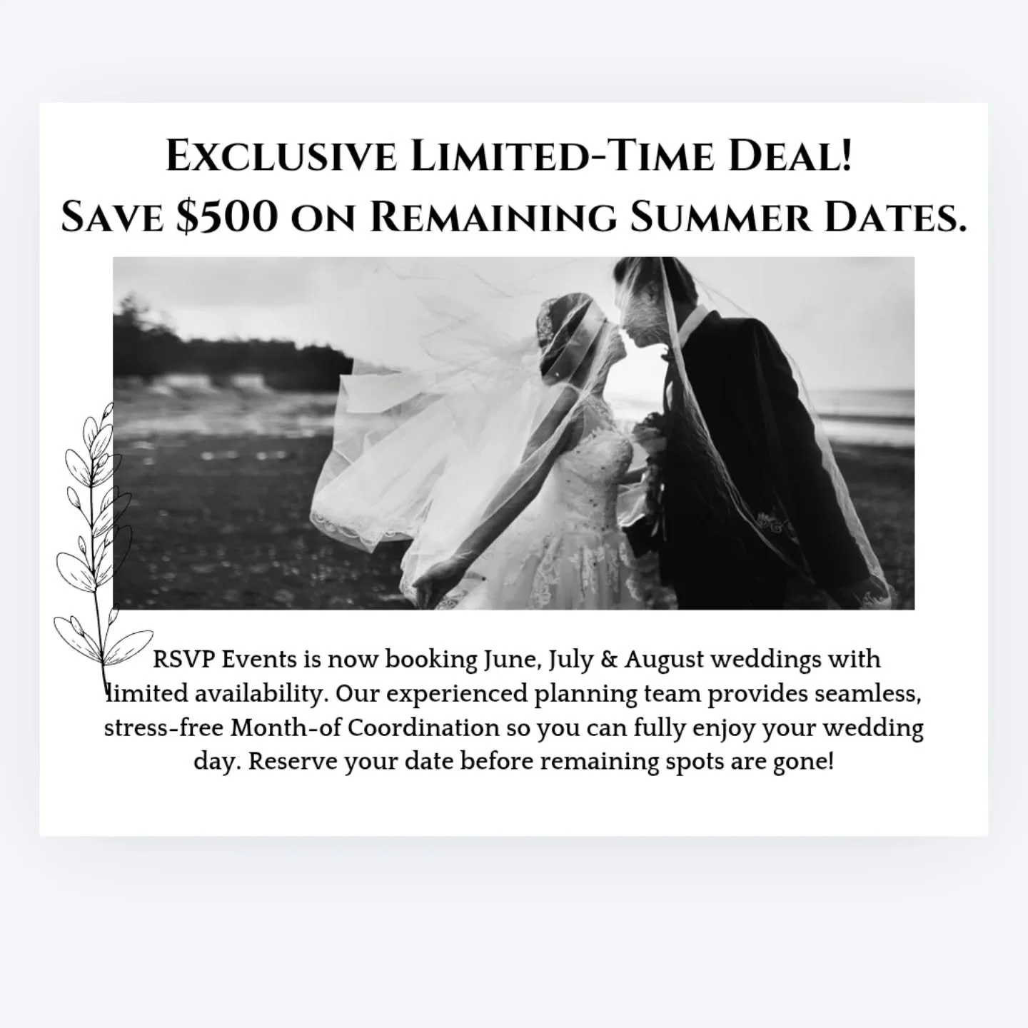 ✨ Looking forward to celebrating with you on your big day, we'd love to be a part of it! 
Reach out to chat about your wedding vision and remaining availability! 

xoxo
RSVP Events Team

#weddingdeals #grandrapidsweddingplanner #weddingcoordinator #r
