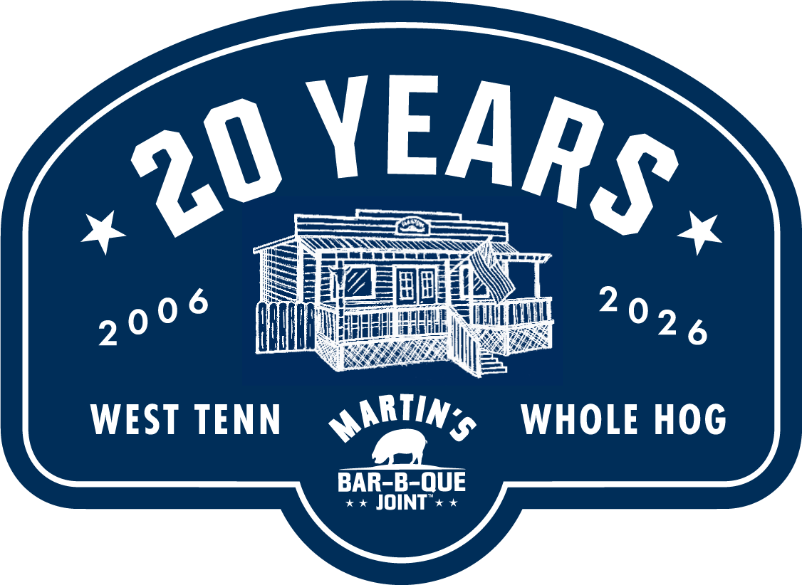 West Tenn Martin's Bar-B-Que Joint 20 Years anniversary logo celebrating 2006–2026, featuring a vintage barbecue restaurant illustration and whole hog barbecue text