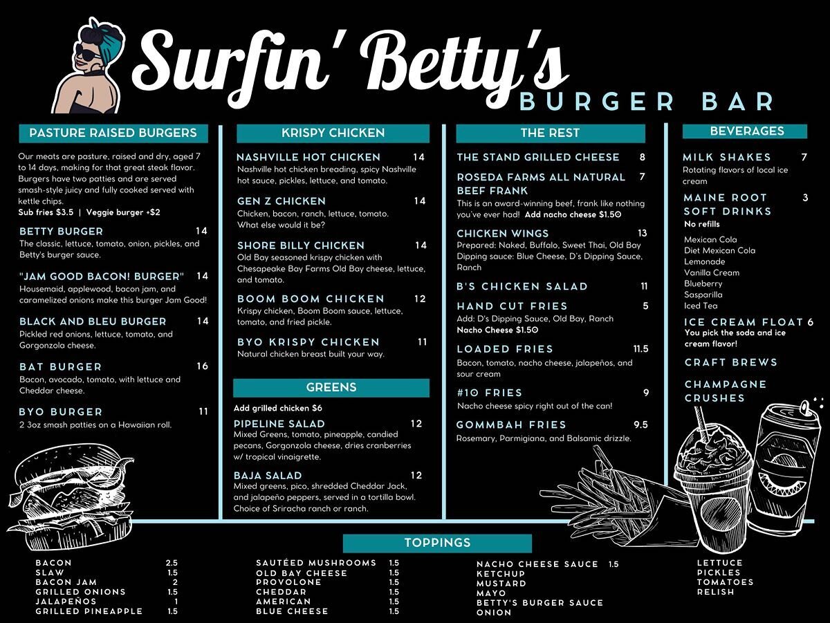 The wait is over&hellip;introducing our FULL MENU!💙

Pasture raised burgers, crispy chicken, greens, wings, fries and more! We will have a bar with local taps, craft beer, champagne crushes and delicious milkshakes. We&rsquo;re so excited to have ou