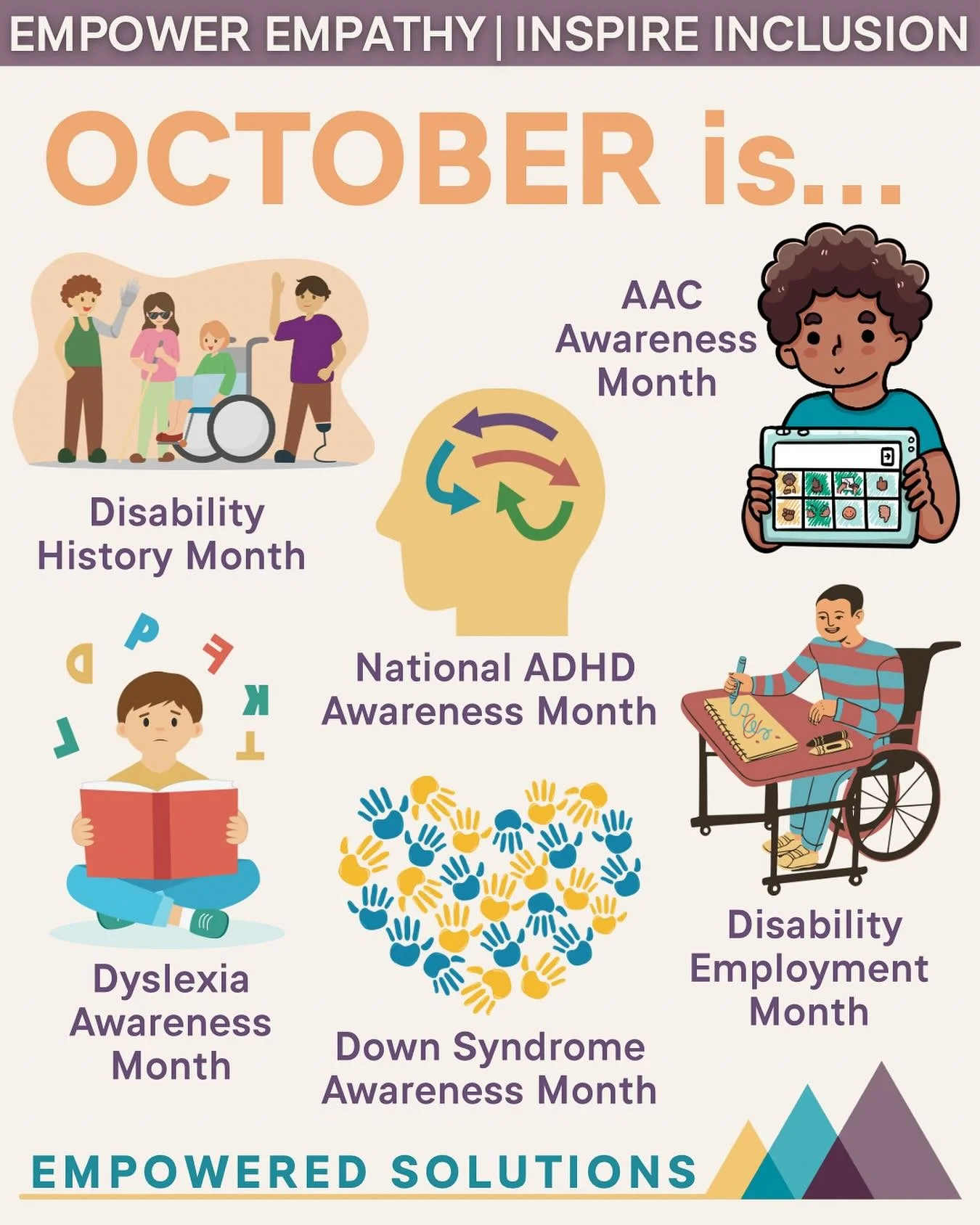 🎃October Awareness Month

This month we recognize and celebrate:
♿  Disability History Month
📲  AAC Awareness Month
🧠  National ADHD Awareness Month
📖  Dyslexia Awareness Month
🎗  Down Syndrome Awareness Month
💼  Disability Employment Month

At