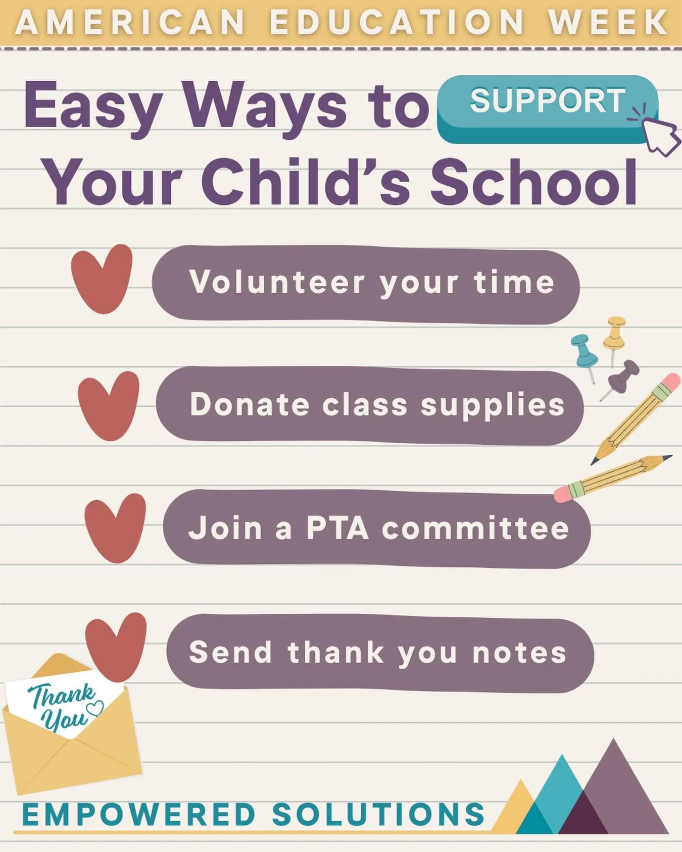 ✏️Happy American Education Week!

Supporting your child&rsquo;s school does not have to be complicated. Small, meaningful actions create a stronger, more connected learning community for every child. 

Here are a few simple ways you can make a BIG im