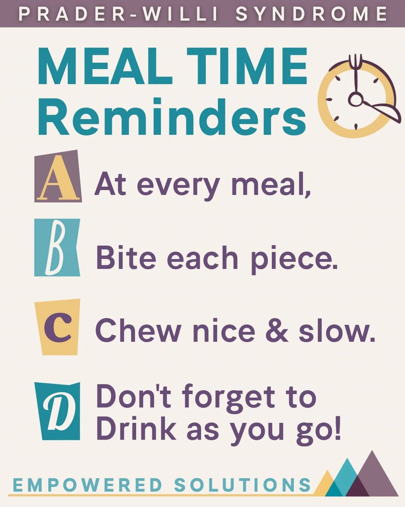 Tuesday Tip: Meal Time Safery Reminders☝️

For children with Prader-Willi syndrome (PWS), pacing, chewing, and drinking during meals are not just good habits. They are essential safety supports that reduce the risk of choking and aspiration.

These A