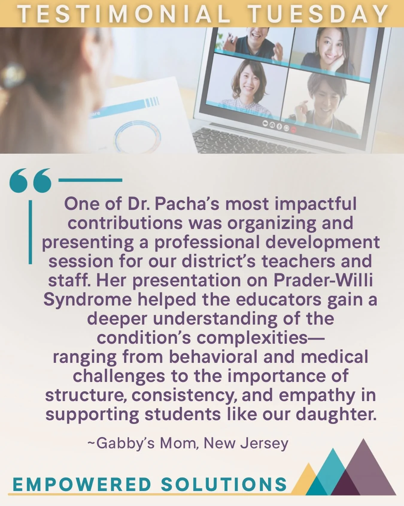 💬 Testimonial Tuesday

When school teams truly understand Prader-Willi syndrome (PWS), everything shifts &mdash; learning strategies, school supports, and outcomes.

Students with PWS deserve educators who understand the full picture, not just the d