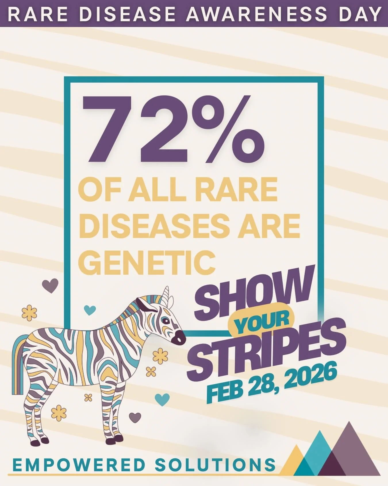 🦓 Rare Disease Awareness Day

Did you know that 72% of all rare diseases are genetic?

Behind every diagnosis is a child, an individual, a family, and a story that deserves to be heard.

On February 28, #ShowYourStripes to raise awareness, empower e