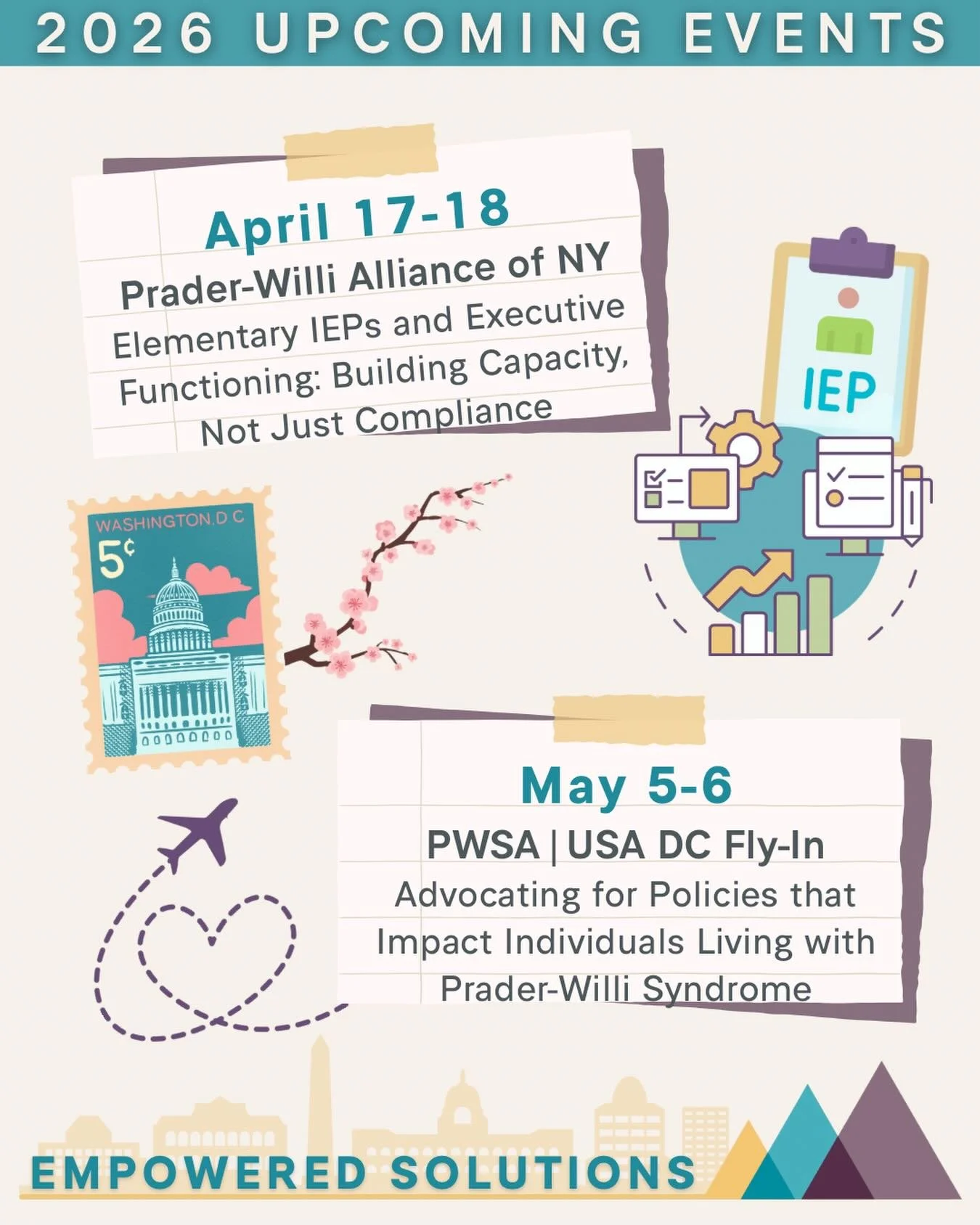 ✈️ Upcoming Events 📆

Looking forward to two meaningful opportunities to support and advocate for individuals with Prader-Willi syndrome (PWS) this spring 🌸 

April 17&ndash;18
🗽Prader-Willi Alliance of New York
Elementary IEPs and Executive Funct