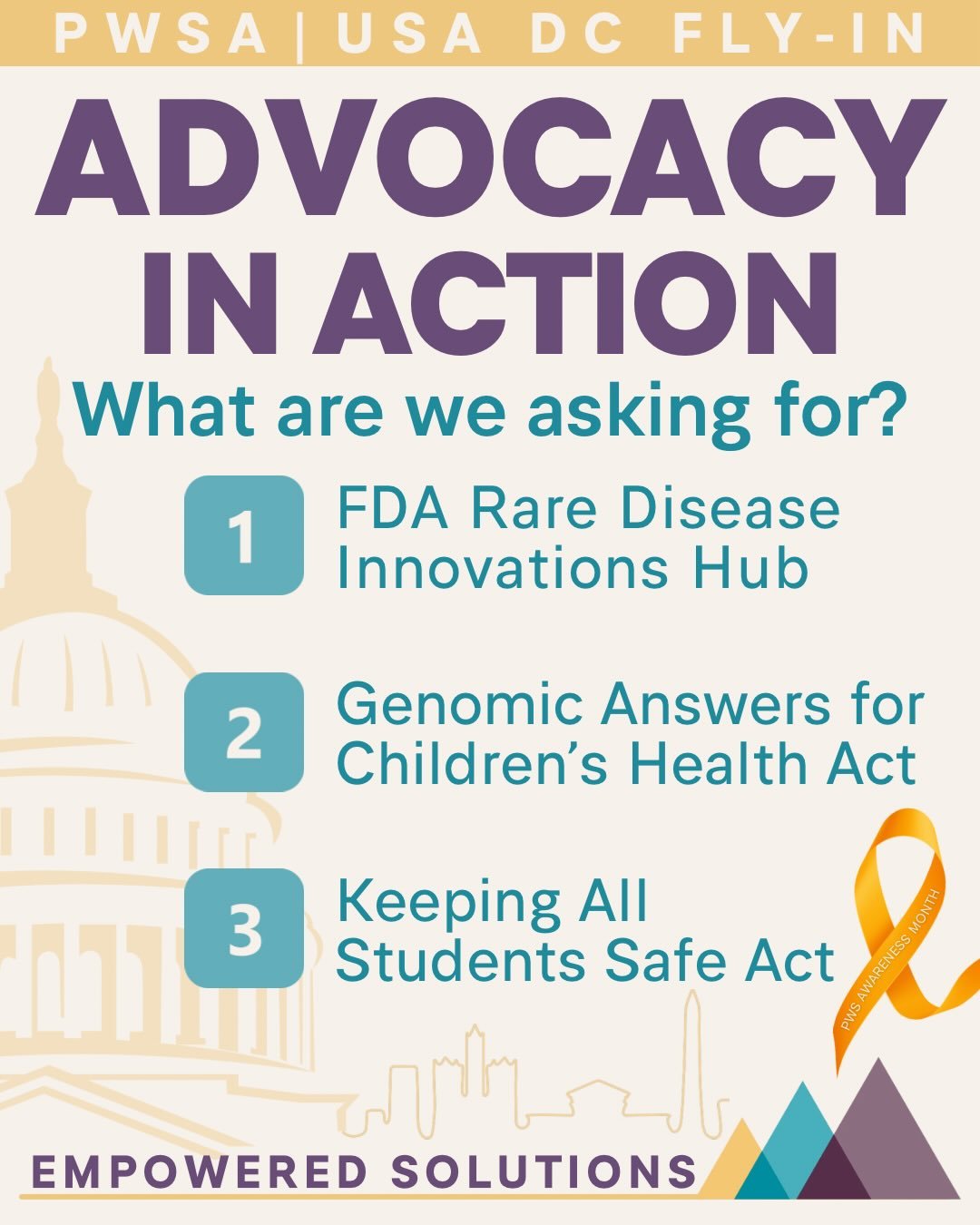 🏛 Advocacy in Action 🧡🎗

As we begin our advocacy on Capitol Hill this week for the PWSA | USA DC Fly-In, here is what we are asking for and why it matters ⬇️

1️⃣ FDA Rare Disease Innovations Hub 🦋
Accelerates research and treatment development 