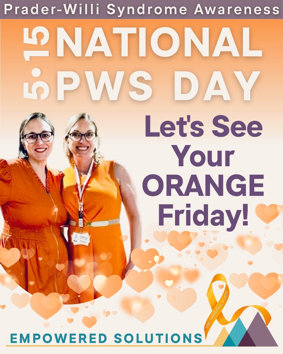 🧡 May 15 is PWS Day 🧡

There are so many easy opportunities to help raise awareness about PWS. Here are a few ways to get involved ⬇️

🧡 GO ORANGE 🧡 &mdash; Wear orange on Friday, May 15, to show support and spark conversations about Prader-Willi