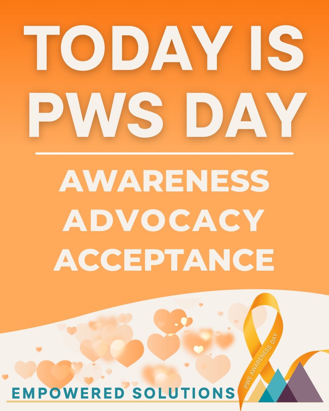 🧡🧡🧡🧡🧡🧡🧡🎗
Today is PWS Awareness Day.

Go 🔶ORANGE🔶 for PWS and help spread awareness in your schools, workplaces, communities, and online today. Every story shared helps create greater understanding to empower empathy. 

🔸 Awareness Informs