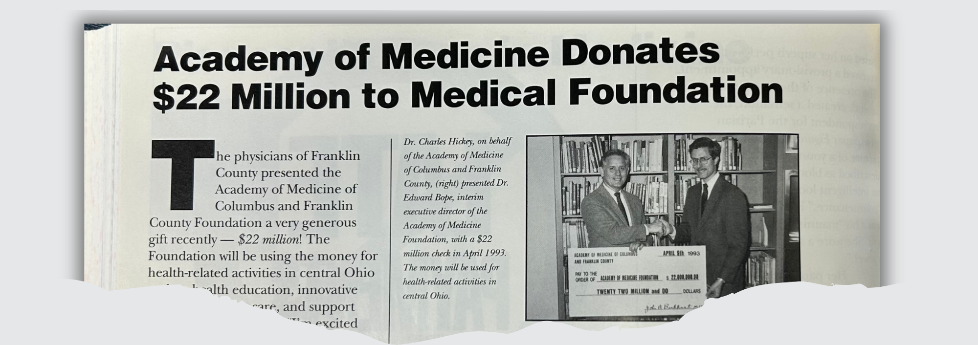 Newspaper clip: Academy of Medicine Donates $22 Million to Medical Foundation