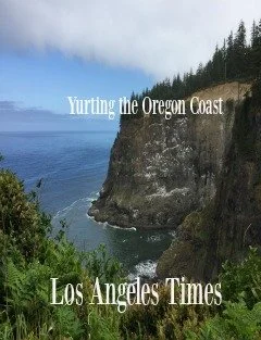 Graphic of the rocky Oregon coast with letters reading Yurting the Oregon Coast and Los Angeles Times