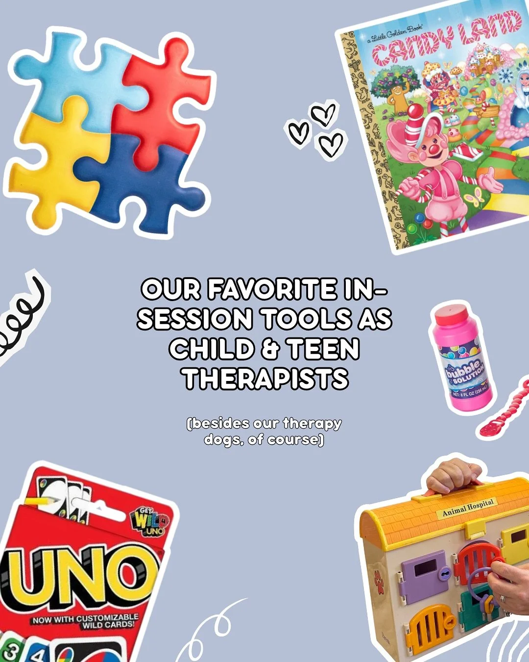 ✨ Our favorite in-session tools as child &amp; teen therapists (besides our therapy dogs, of course 🐾)

From UNO battles that turn into laughter, to sandtray worlds that say what words can&rsquo;t, these are the little things that help big feelings 