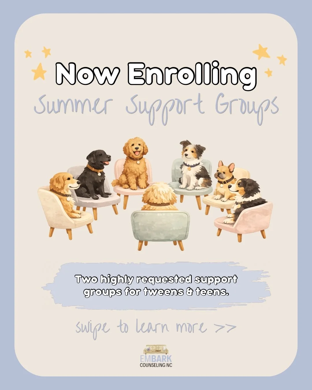 Being a teen or tween right now can feel like&hellip; a lot. 💕🐾

Due to high demand, we&rsquo;re offering ✨TWO✨ summer support groups for tweens &amp; teens led by licensed therapists and of course their trusty sidekicks&hellip; aka therapy dogs 🐶