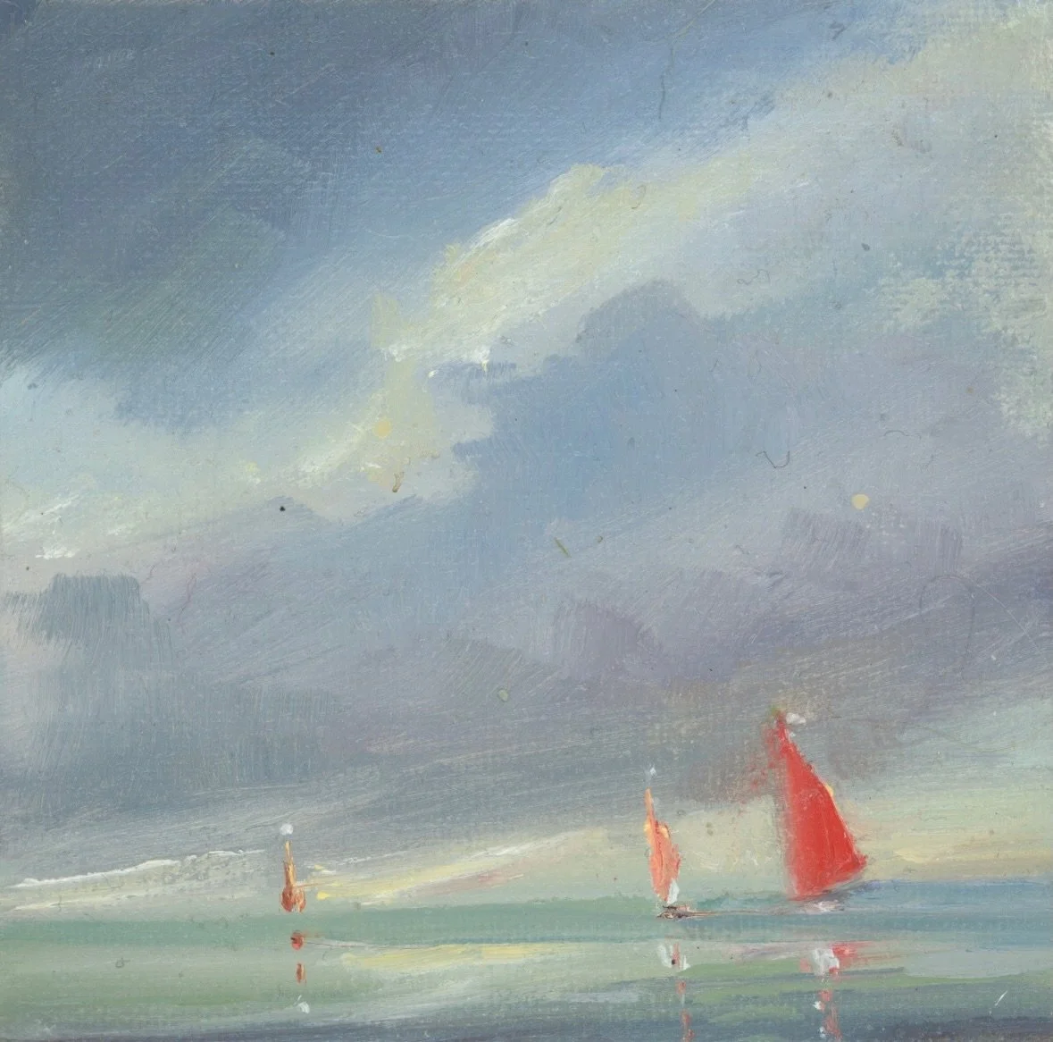 Wind in Their Sails -5&rdquo;x5&rdquo;. A tiny oil painting where the sailboats have the wind in their sails and are full of a joyful energy. 
..
#oilpainting #landscape #coastalart #jordanvproctor #sailboatart