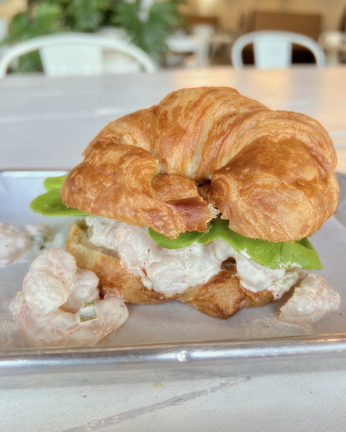 A close-up of a croissant sandwich with lettuce, spread, and shrimp salad on a glass plate.