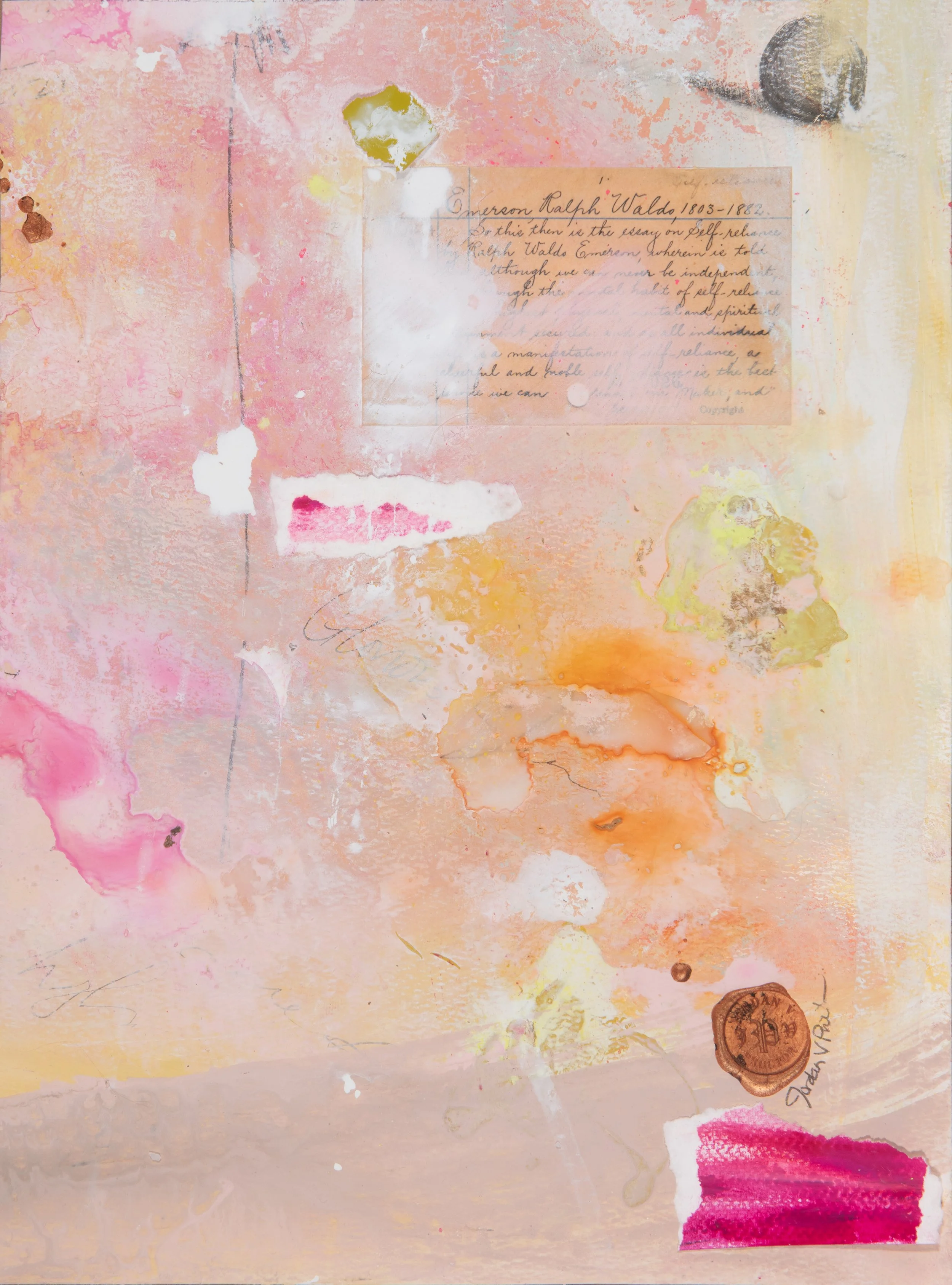 A mixed media artwork featuring paint splashes, ink, paper fragments, and a wax seal with handwritten notes, primarily in pastel pink, yellow, and orange tones.