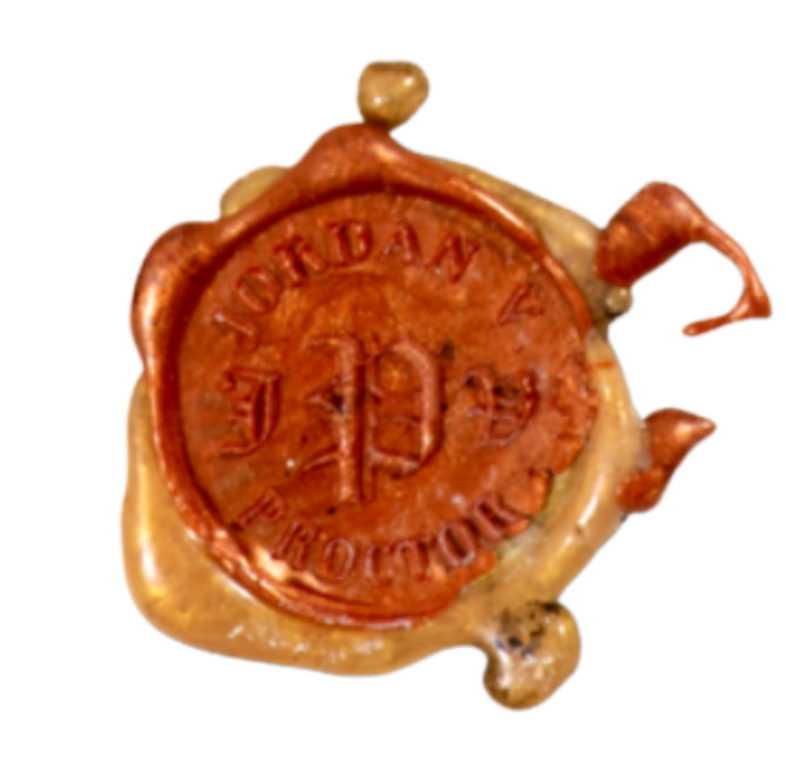 A circular, reddish-brown wax seal with the words 'GEORGE AN' and '10' embossed on it, partially melted and irregularly shaped, with some wax drippings around it.