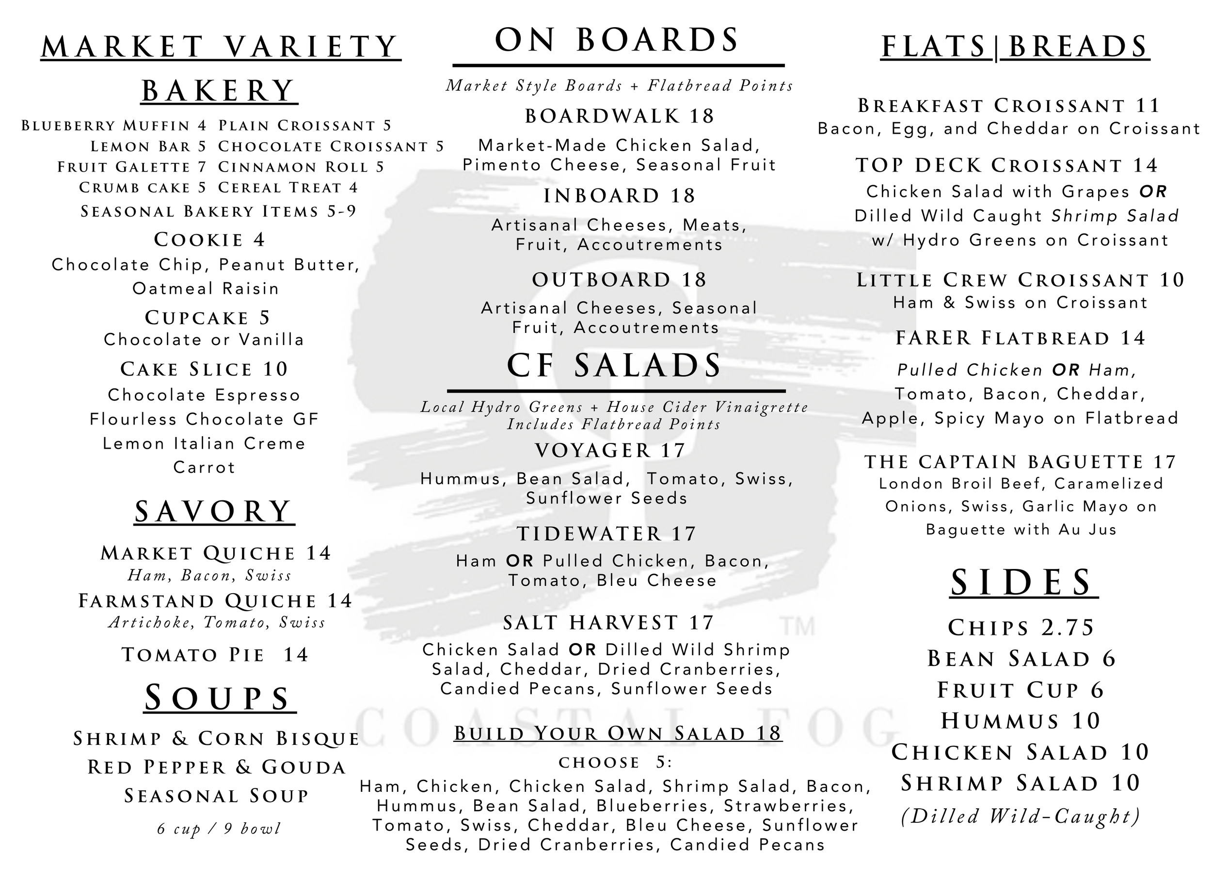 Menu listing bakery items, salads, and sandwiches with prices, including blueberry muffin, croissants, cookies, quiches, soups, and various salads and sandwiches.