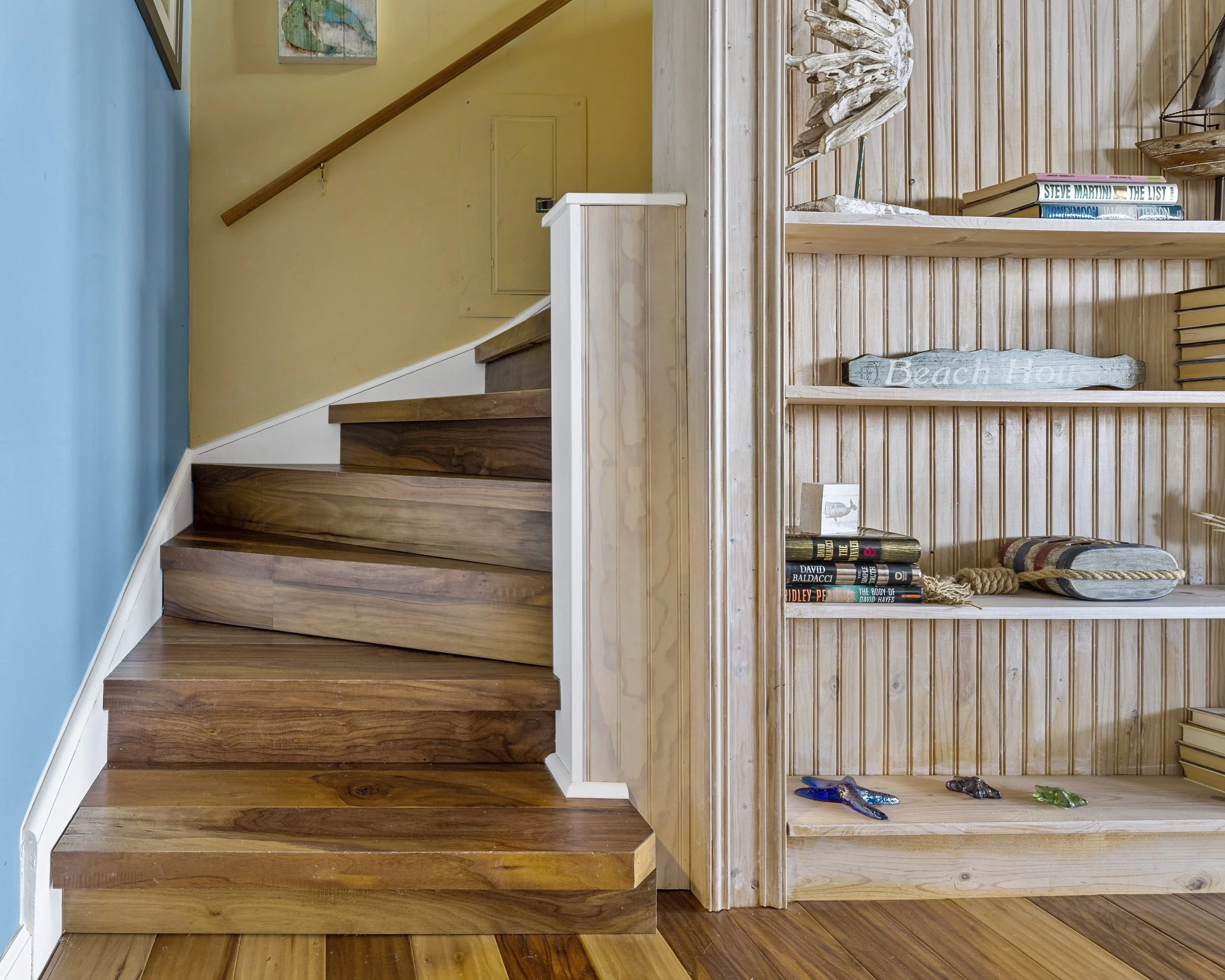 Stair remodel in Lakebay, WA with built-in bookcase.