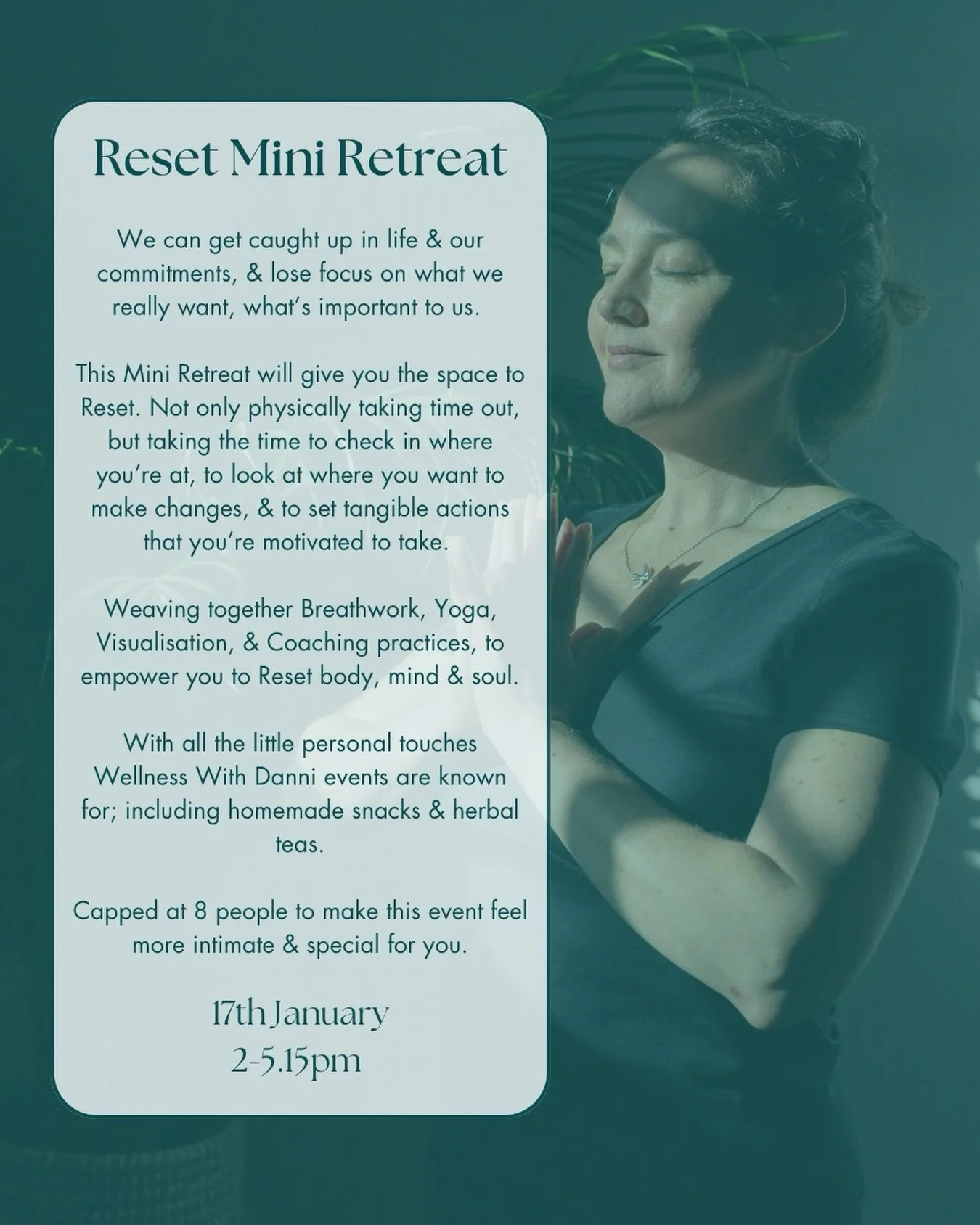 I&rsquo;m excited to announce that bookings are now open for my next Reset Mini Retreat, coming up on Saturday 17th January, 2pm to 5.15pm, in East Grinstead.

You may have been to one of my Yoga &amp; Intention Setting Mini Retreat&rsquo;s in the pa