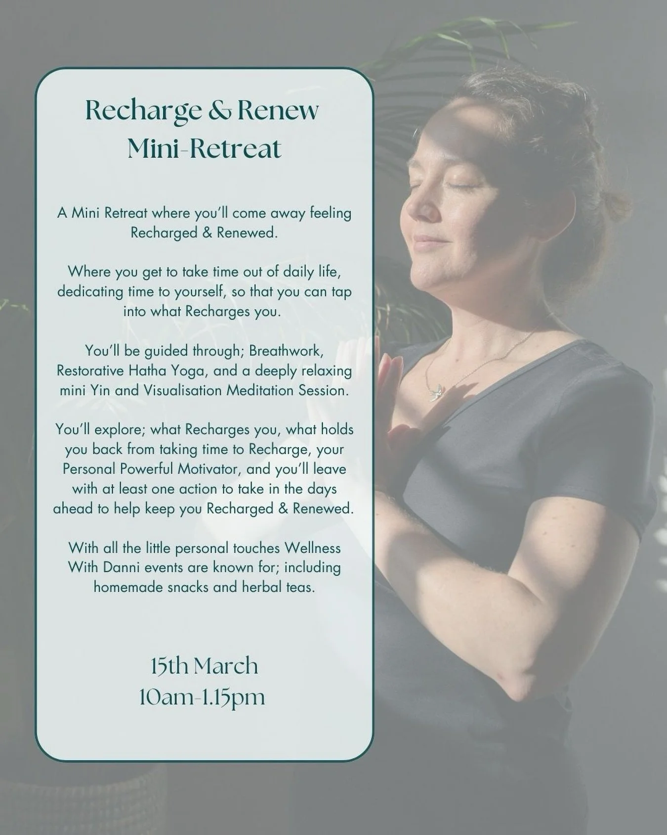 I&rsquo;m excited to announce that bookings are now open for my next Recharge &amp; Renew Mini Retreat, coming up on Sunday 15th March.&nbsp;

Life can be full, it can be overwhelming, and sometimes we need to Recharge &amp; Renew. This Mini Retreat 