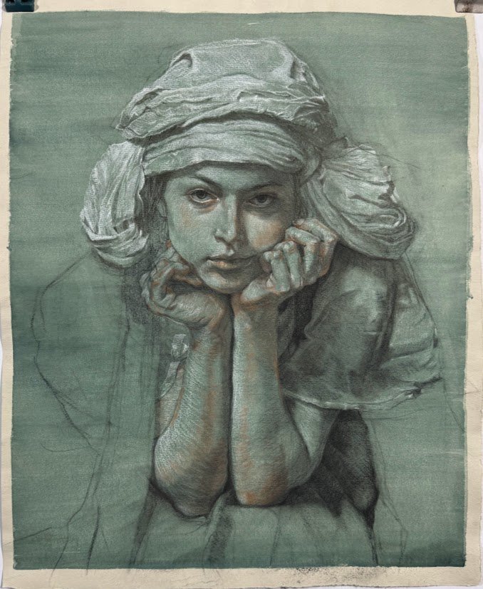 Homage to Mucha, Charcoal and Pastel Pencils on Hand-Toned Paper, 23x17