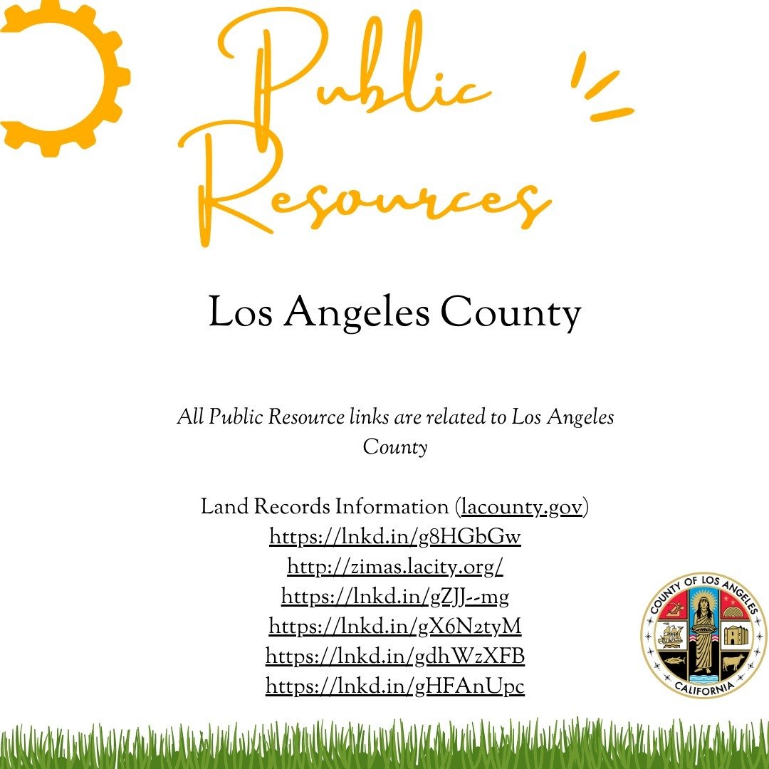 Our team would like to share some links and resources that can help with the process of research and due diligence during the initial phase of projects. 👍 

Links:
Land Records Information (lacounty.gov)
https://lnkd.in/g8HGbGw
http://zimas.lacity.o
