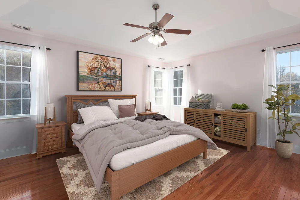 Same bedroom virtually staged with furniture