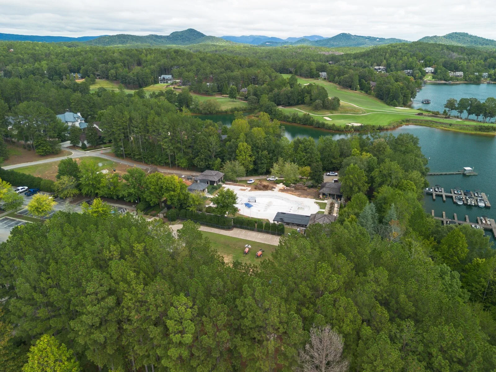 Aerial of Old Edwards Reserve on Lake Keowee with the clubhouse, pool and lake