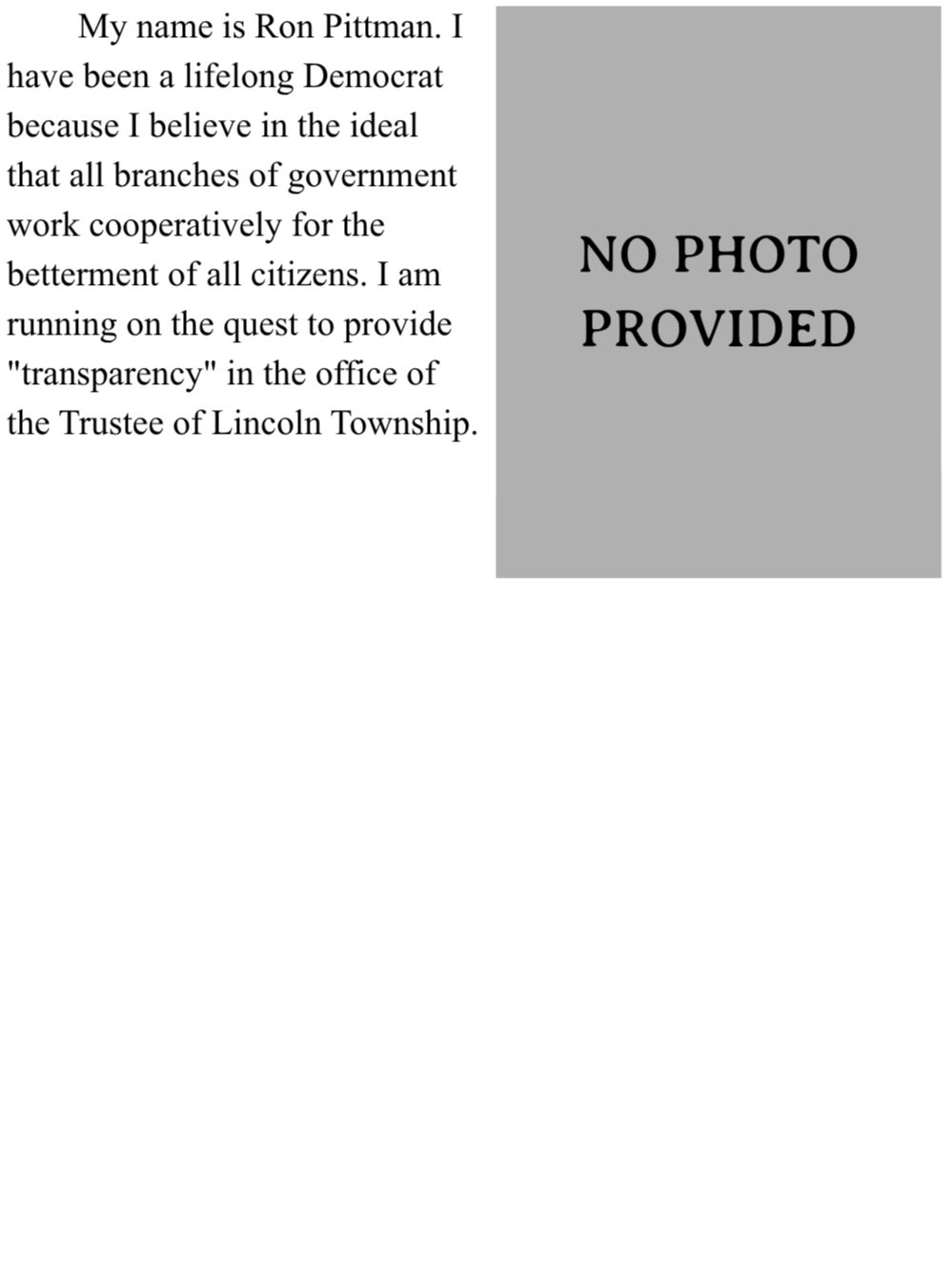 A page with text introducing Ron Pittman, a lifelong Democrat, and a placeholder image with the text 'NO PHOTO PROVIDED'.