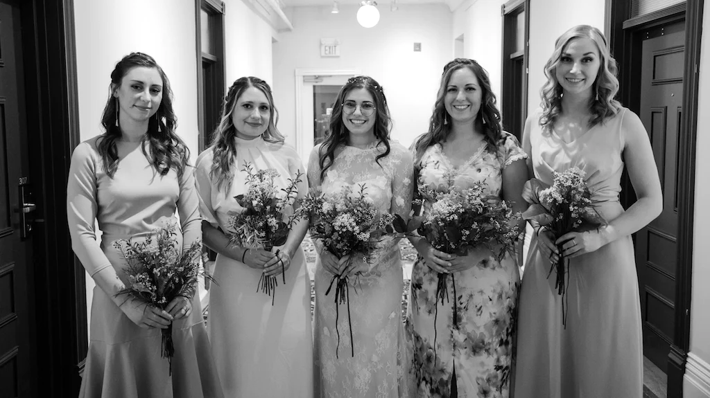Black and white photo of a Toronto bride and her bridesmaids.