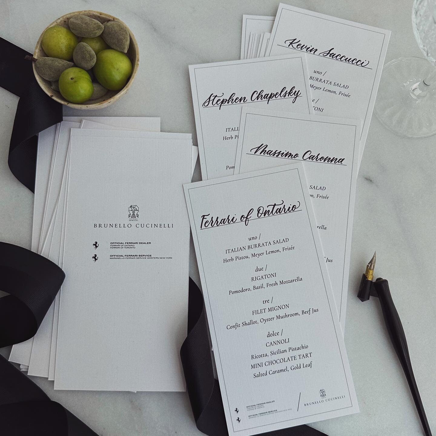 Menus that double as place cards for the VIP guests of Brunello Cucinelli and Ferrari 🖤 #eventsviacalligraphy