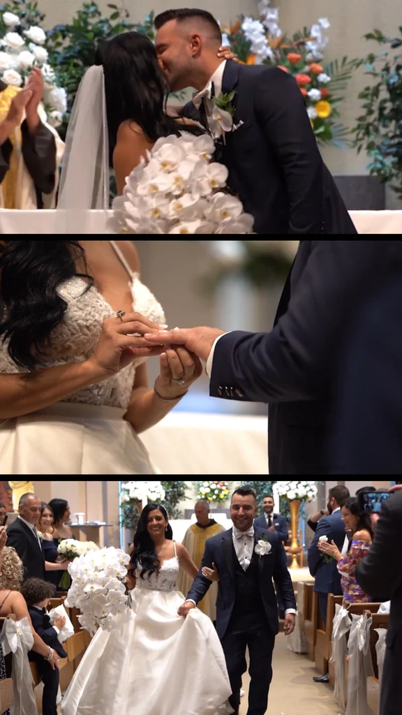 A bride and groom exchange vows and kiss.