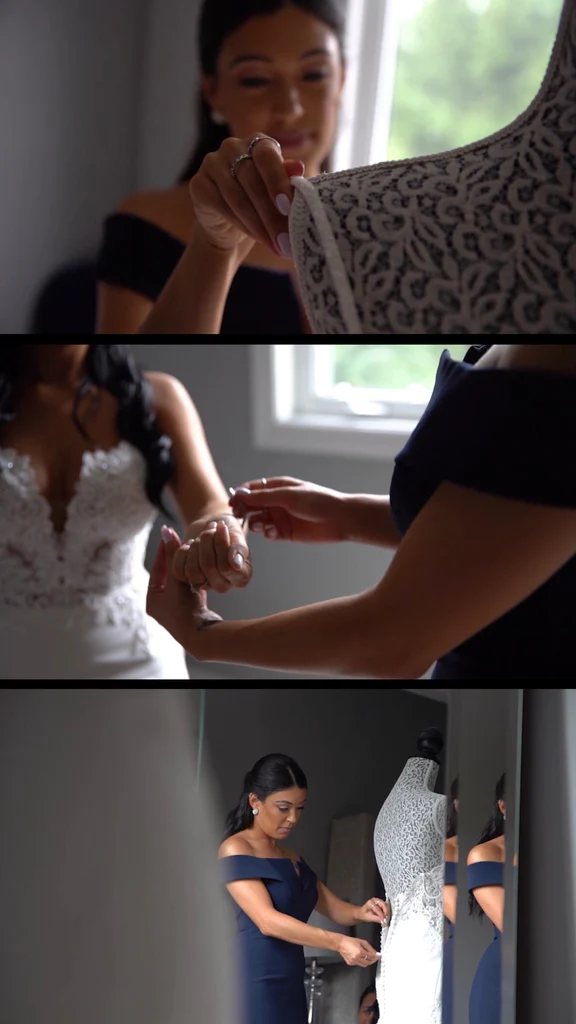 The bride and bridesmaids getting ready together.
