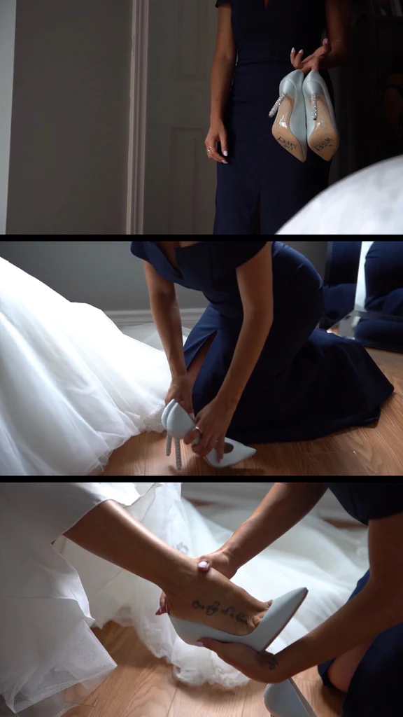 A collage of images showing bridesmaids helping the bride get ready.