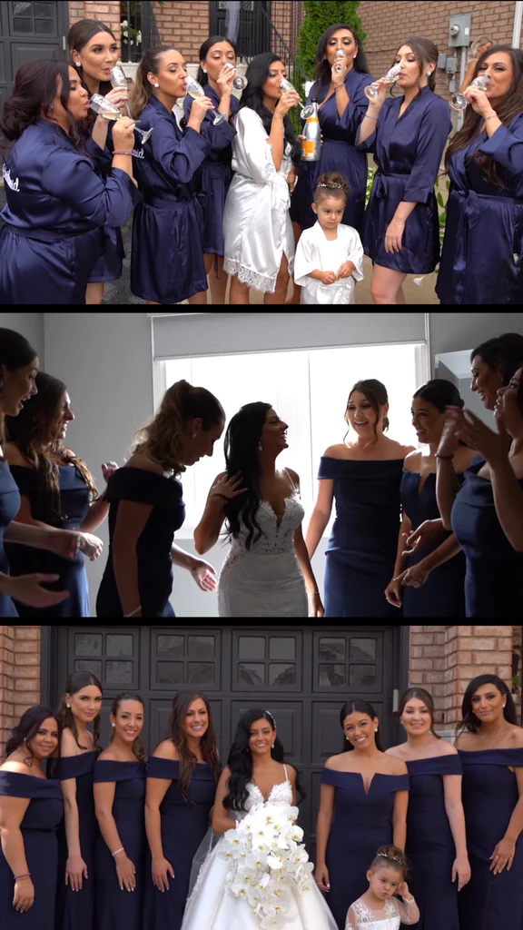 The bride and bridesmaids pose together for a photo.