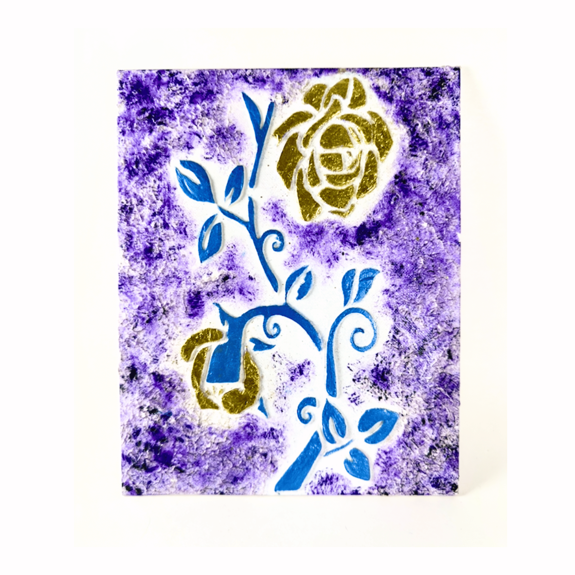 Original 8x10 textured floral painting with gold leaf and modeling paste titled Gilded Grit by Diantha Boardman.