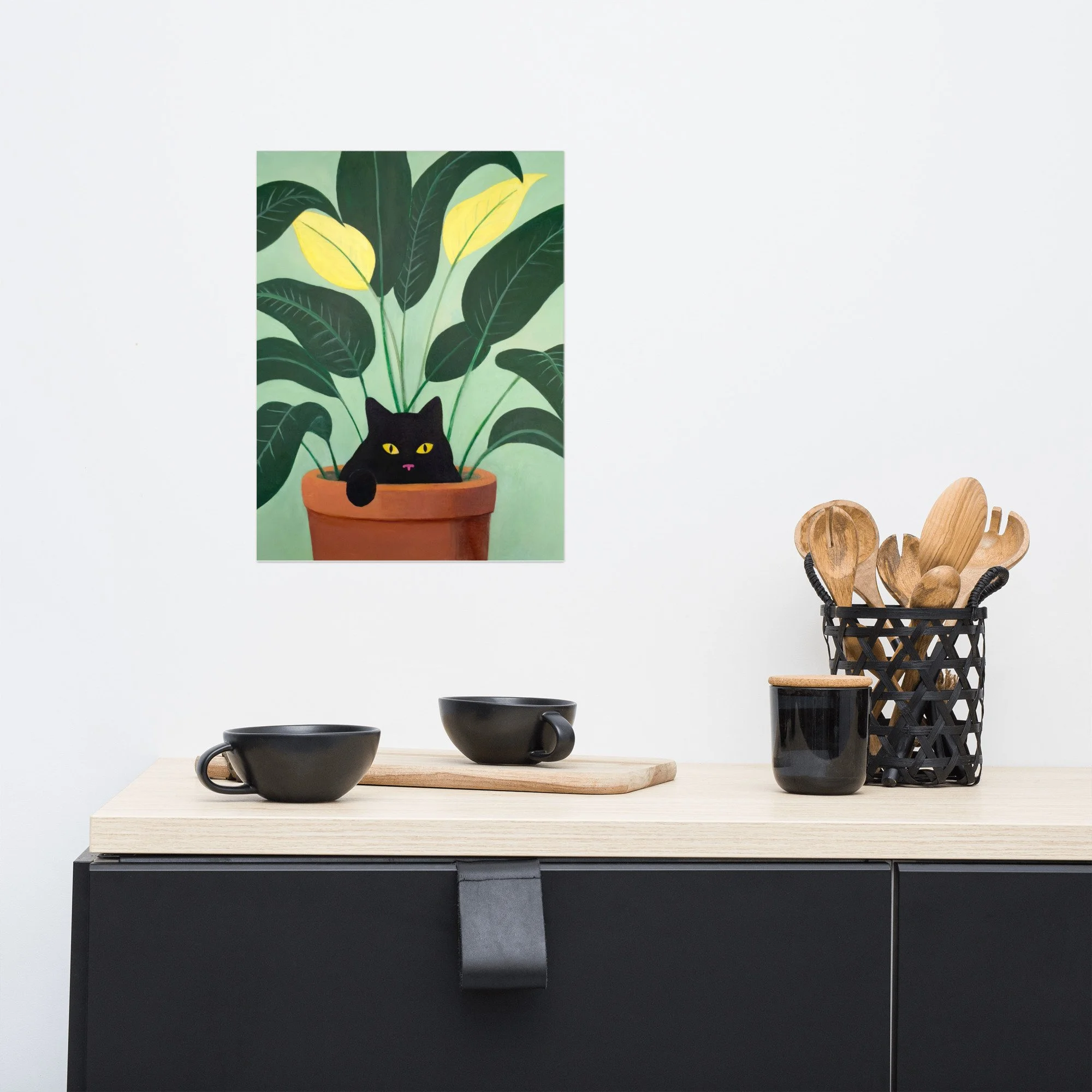 Boho-style kitchen decor with the If I Sits, I Fits art print hung on the wall