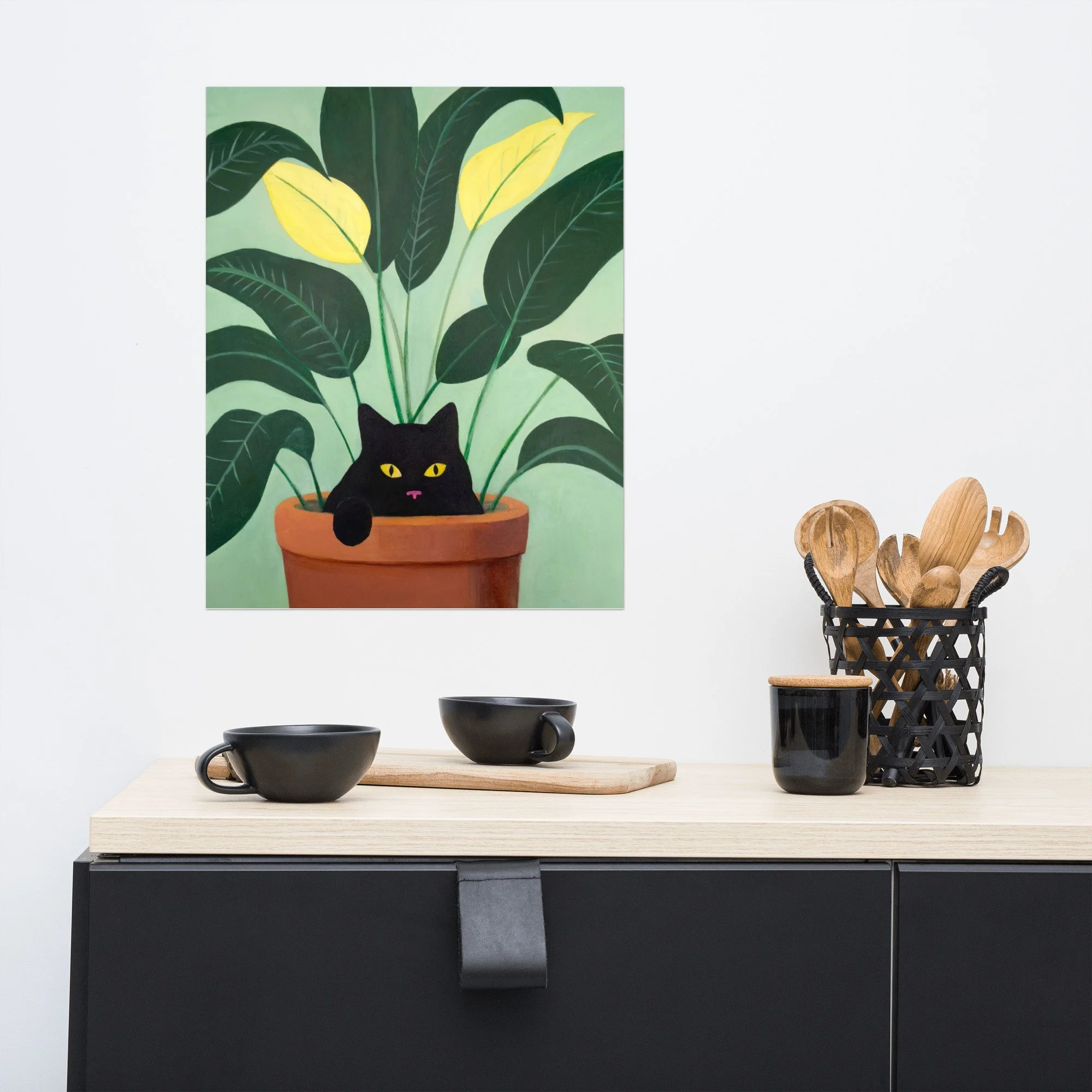 Boho-style kitchen decor with the If I Sits, I Fits art print hung on the wall