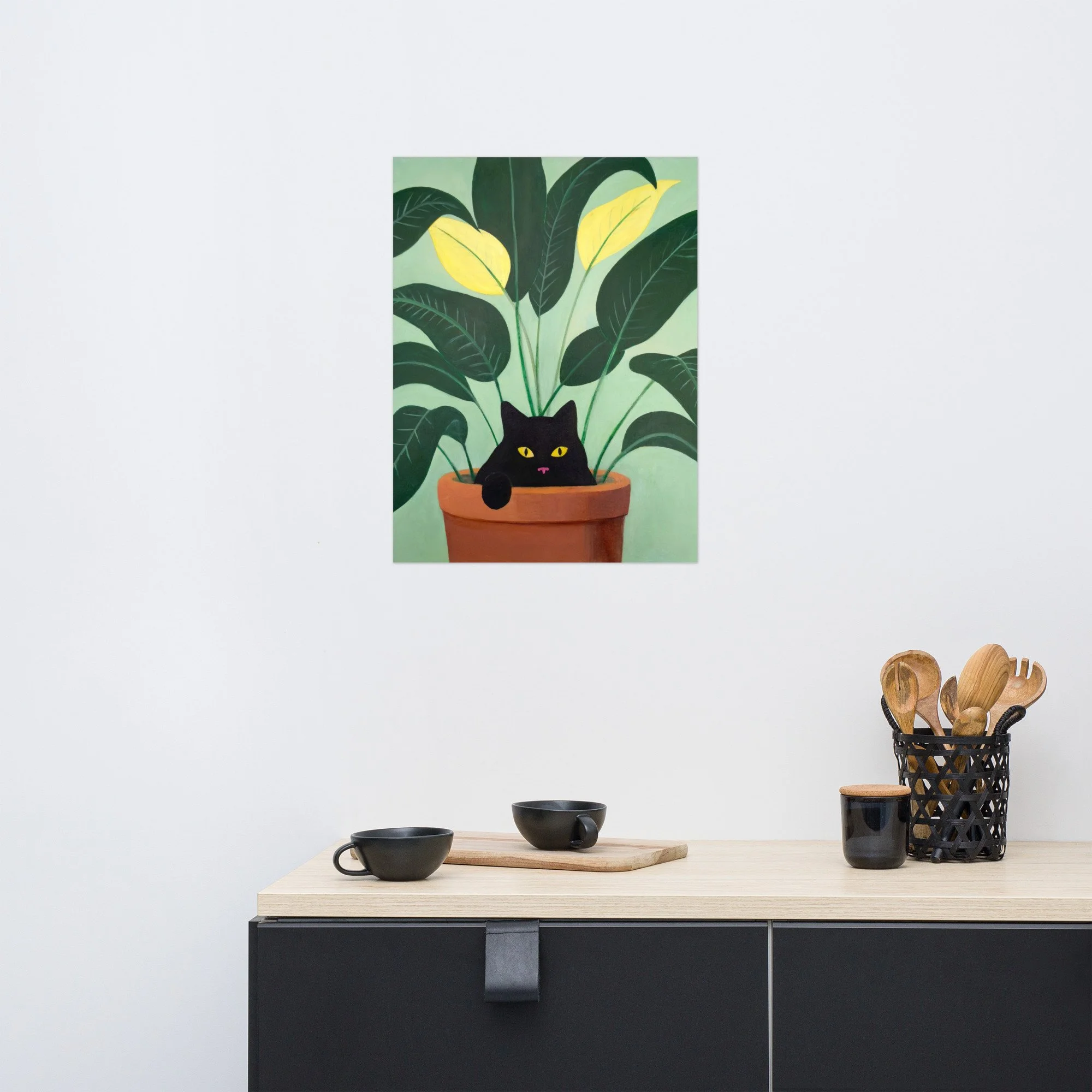 Boho-style kitchen decor with the If I Sits, I Fits art print hung on the wall