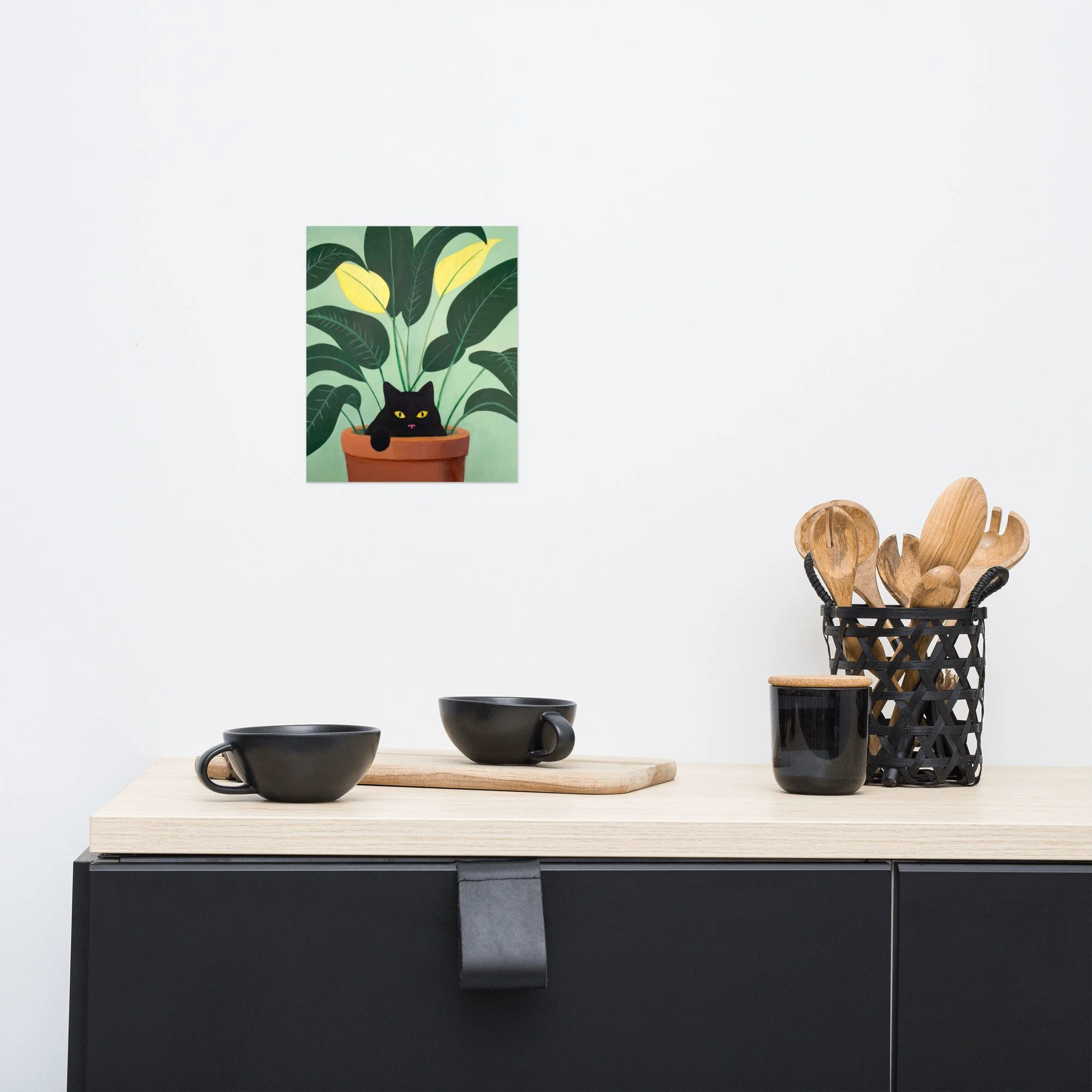 Boho-style kitchen decor with the If I Sits, I Fits art print hung on the wall
