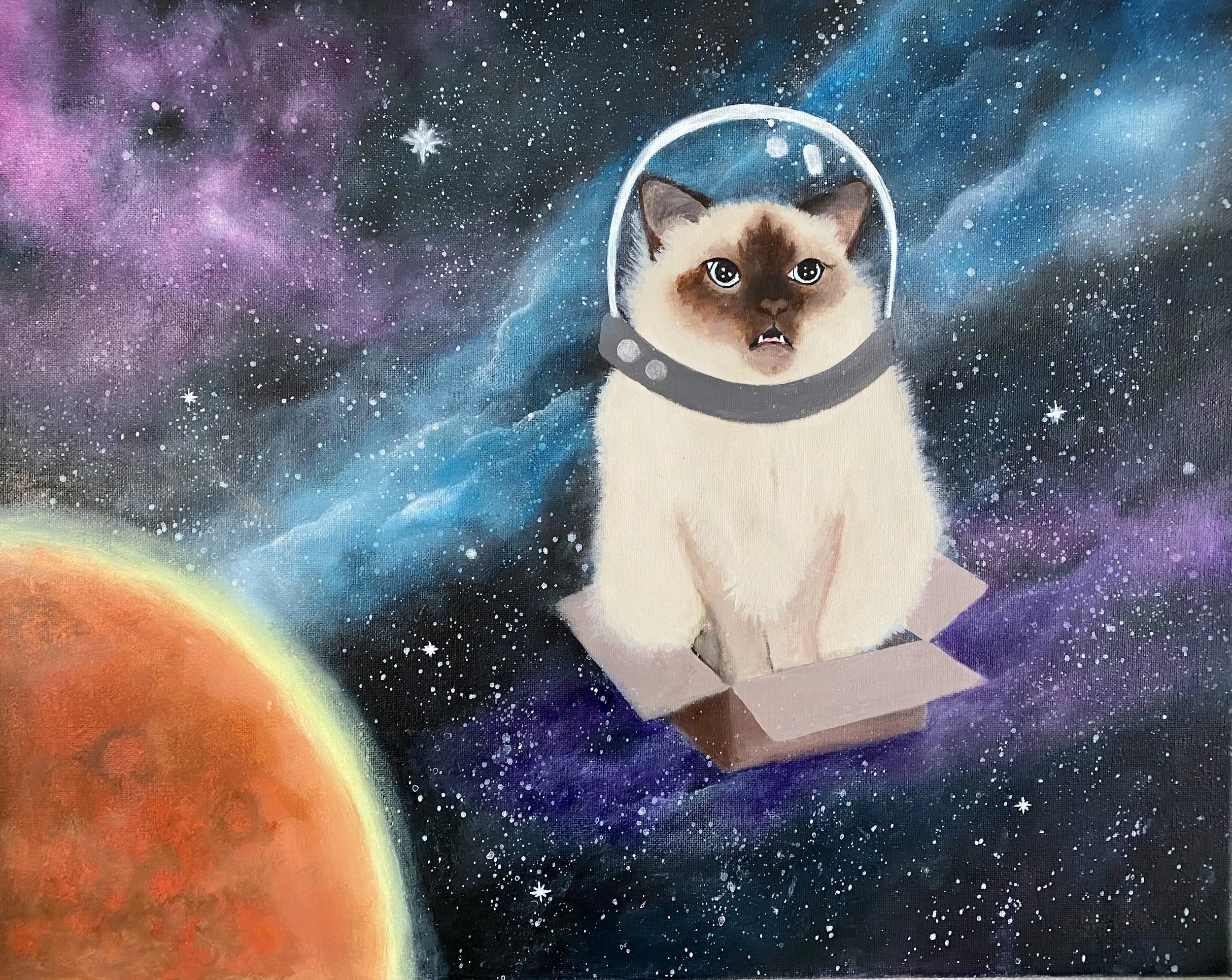 Close up of whimsical acrylic details on the Siamese cat's face and cardboard rocket painting