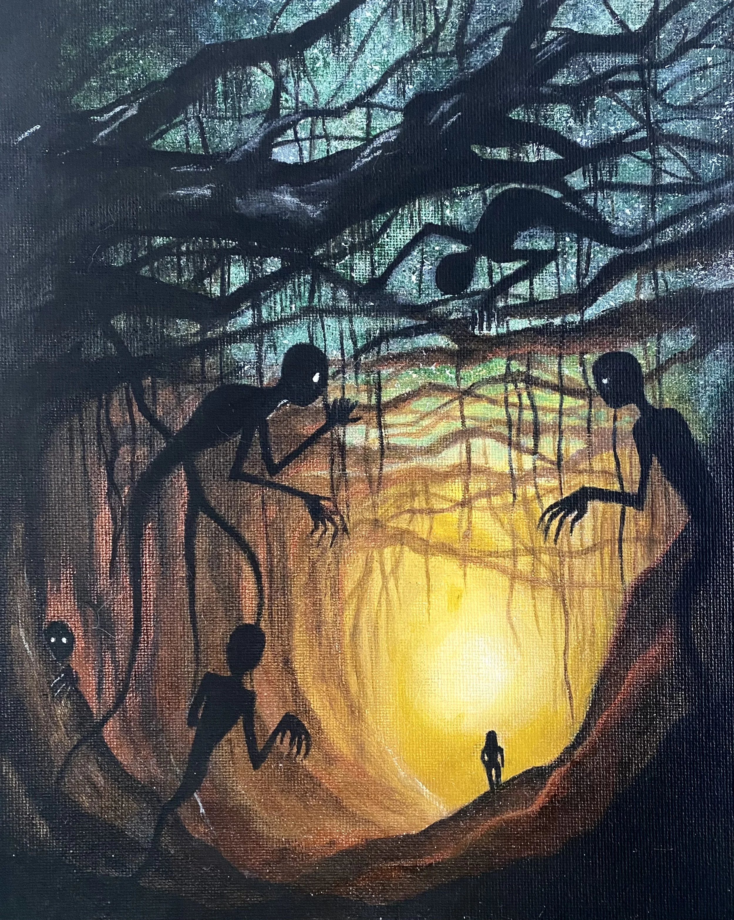 Close up of heavy impasto texture and layered mixed media in The Work Within painting