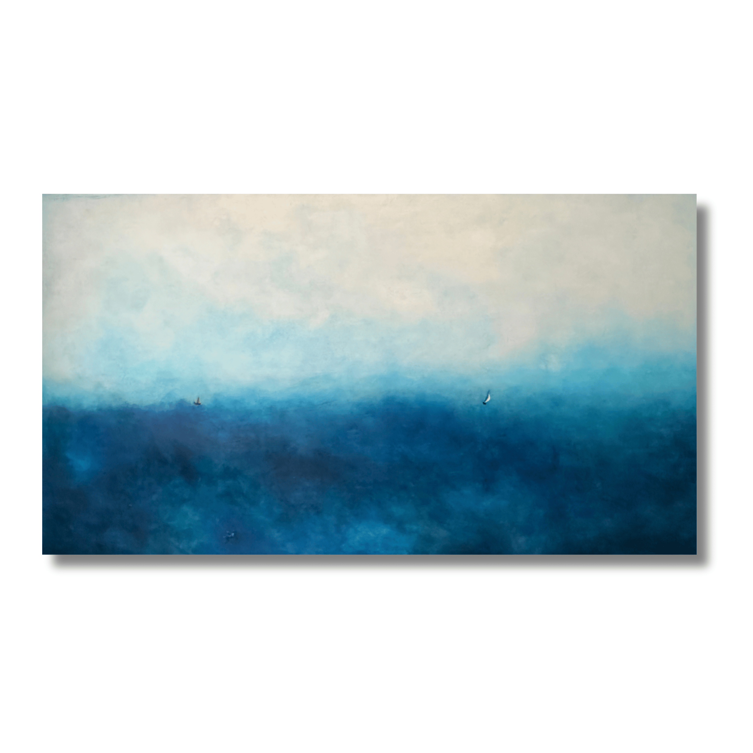 Large 54x30 original horizontal seascape painting titled Sail Away featuring blue gradients and two tiny sailboats by Diantha Boardman.