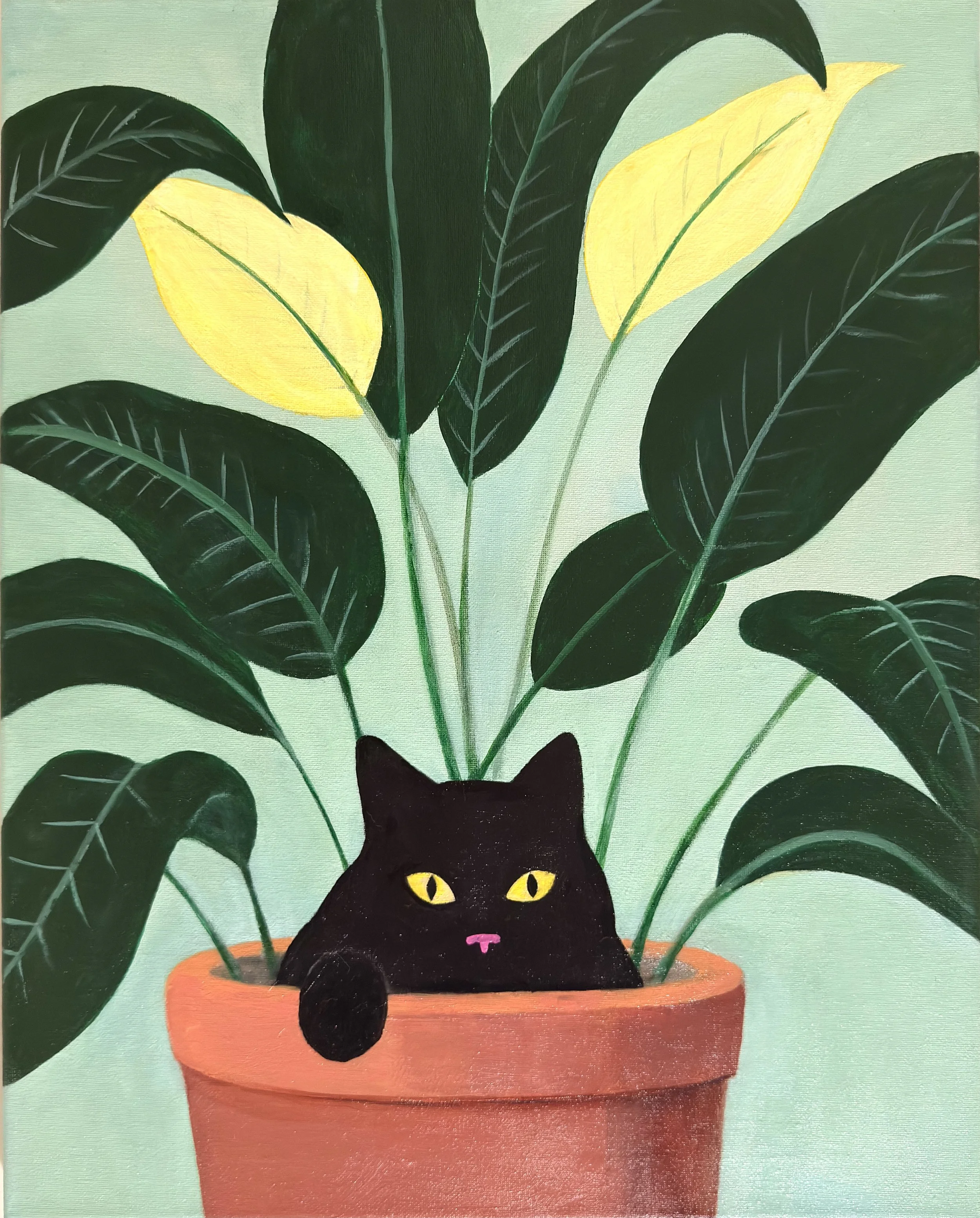 Close up of black cat yellow eyes and painterly acrylic texture in If I Sits, I Fits art print