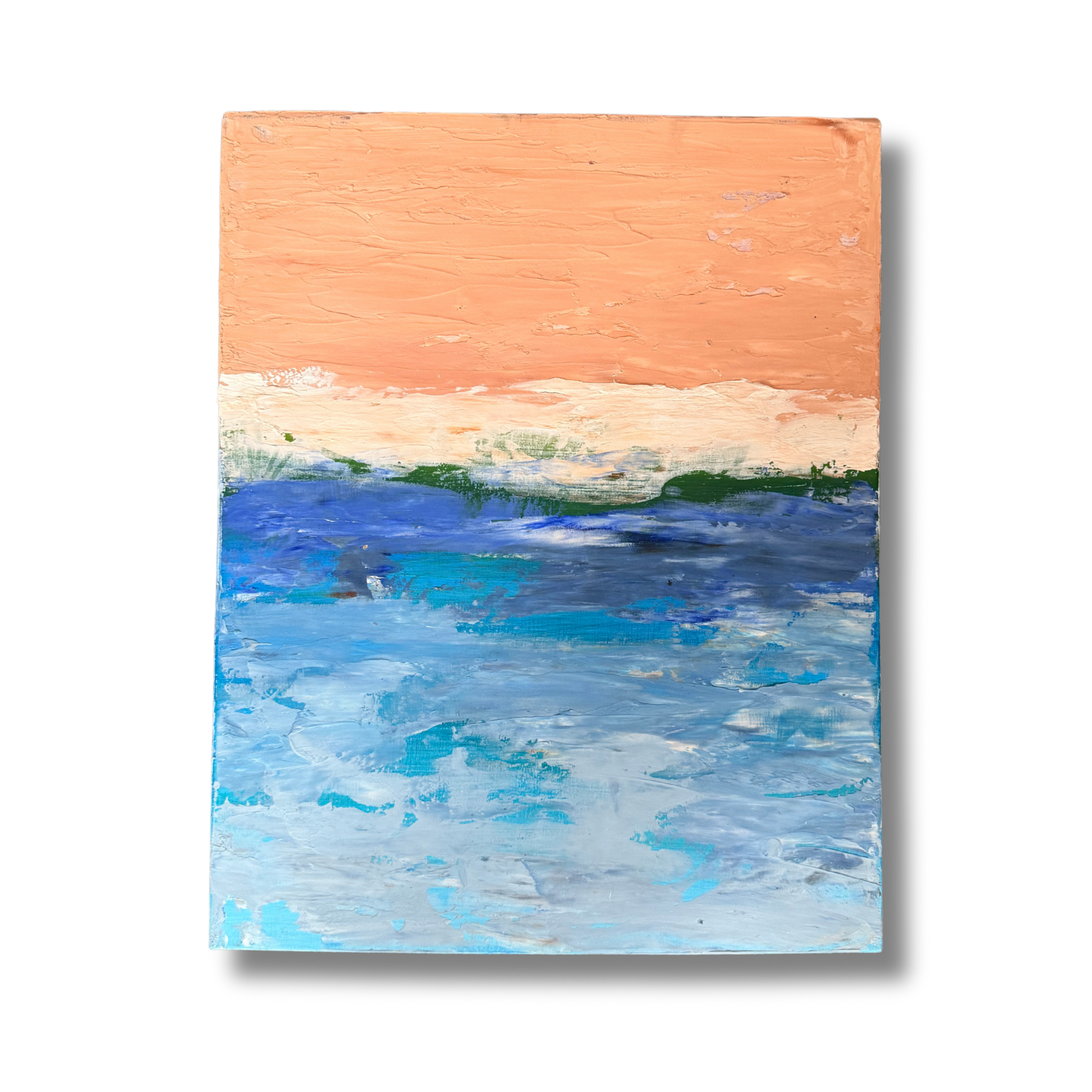 Original 16x20 mixed media painting of an abstract shoreline with sculpted modeling paste and acrylic paint by Diantha Boardman.