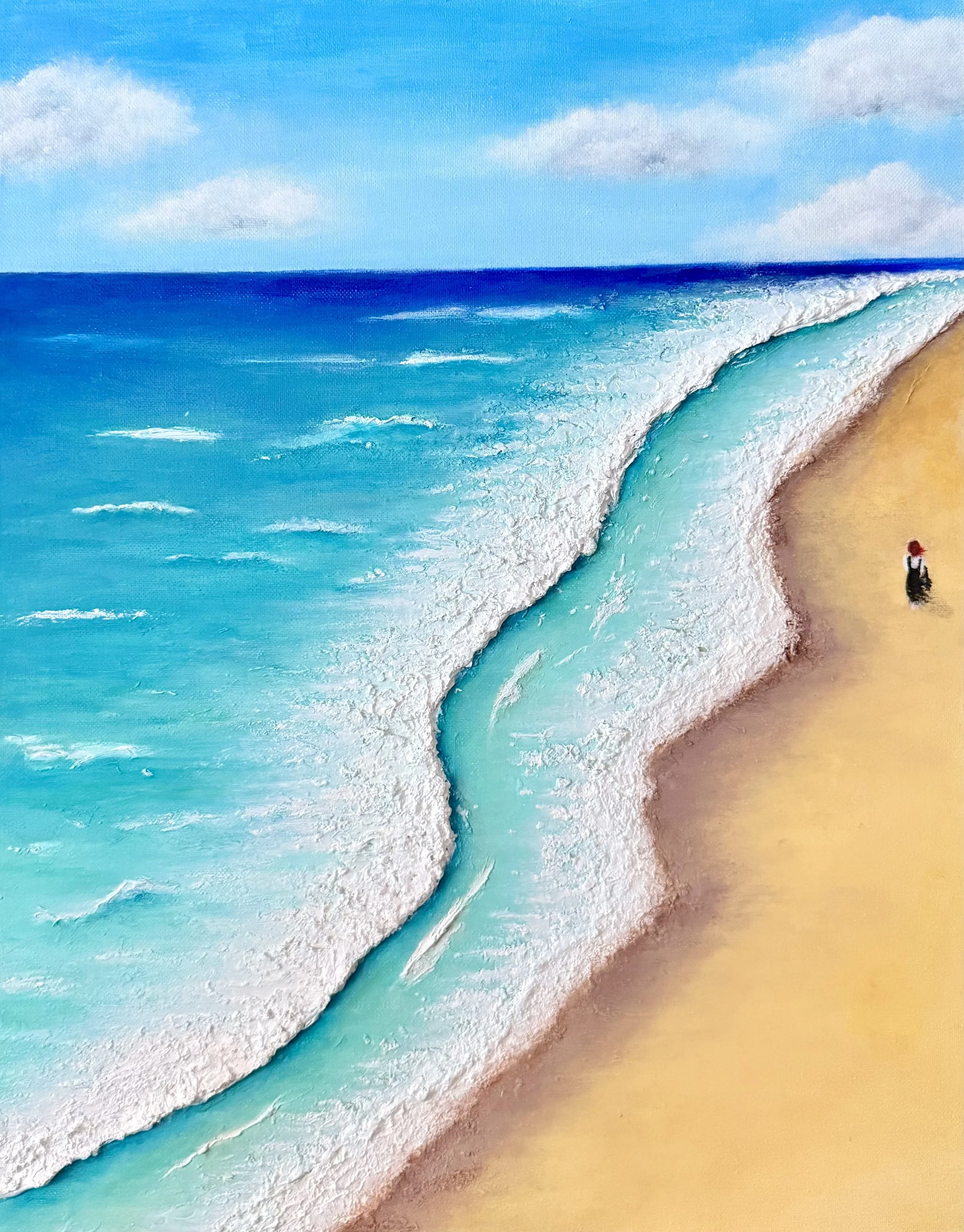 Close up of a coastal landscape art print showing a lone figure walking on a beach at low tide, acrylic painting style by Diantha Boardman.