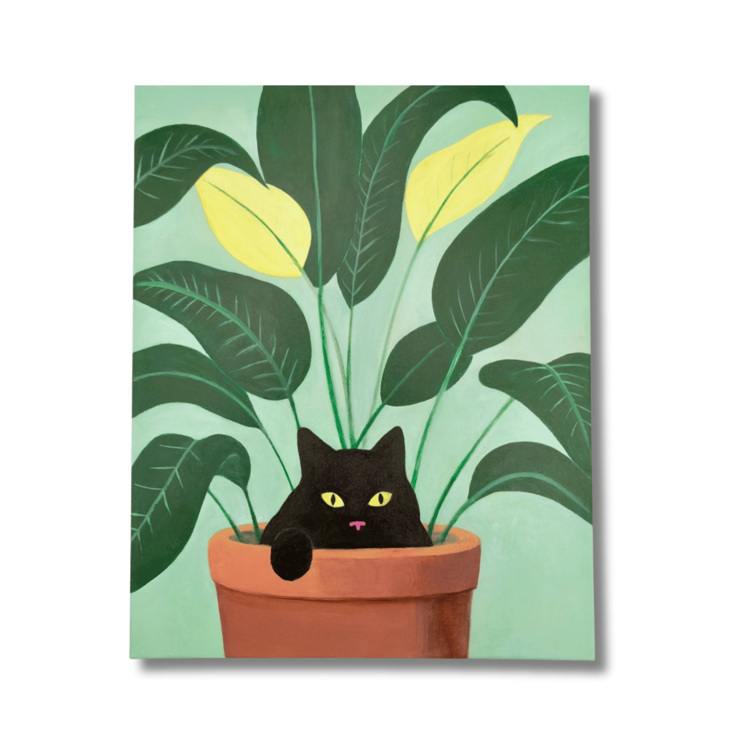 Whimsical art print of a black cat sitting inside a terracotta flower pot surrounded by green leaves by Diantha Boardman